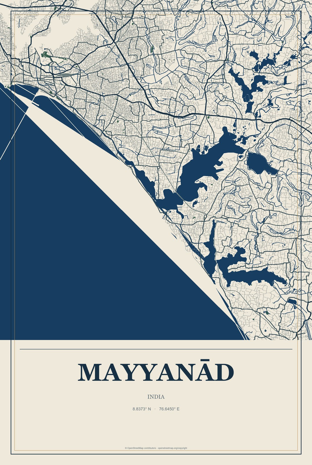 Mayyanād, India City Map Aluminum Sign in Coastal Cutout style