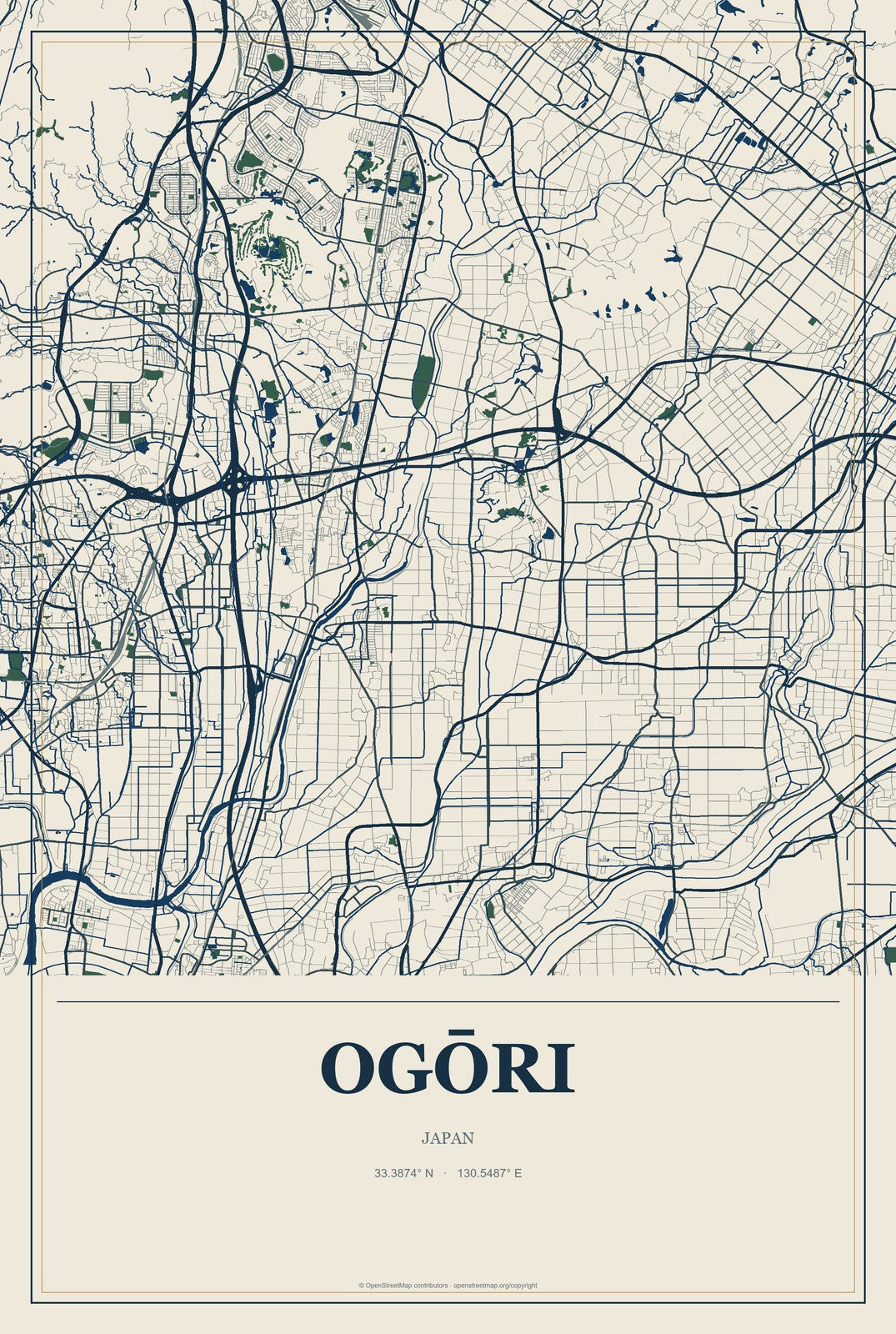 Ogōri, Japan City Map Aluminum Sign in Coastal Cutout style