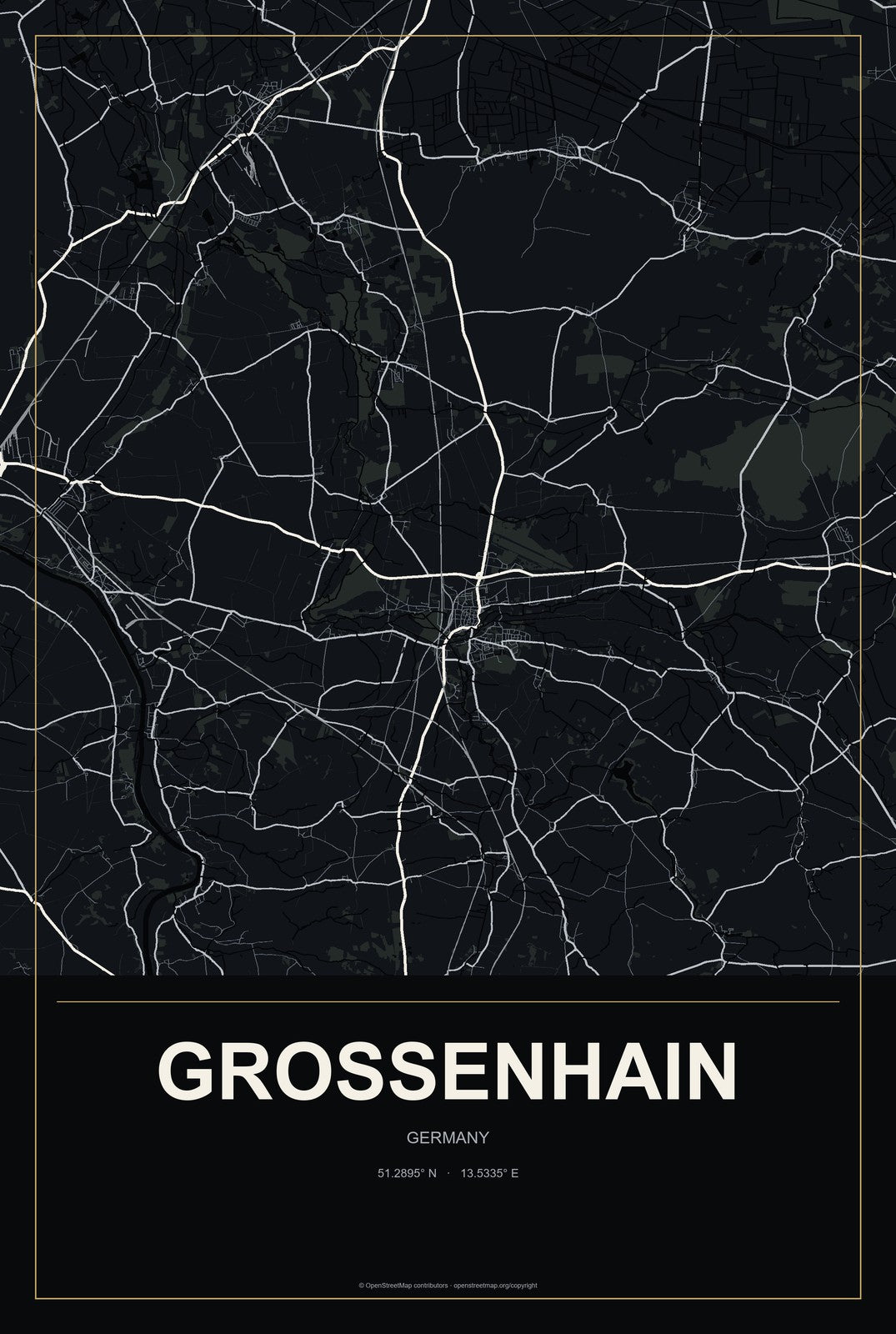 Großenhain, Germany City Map Aluminum Sign in Metropolitan Noir style