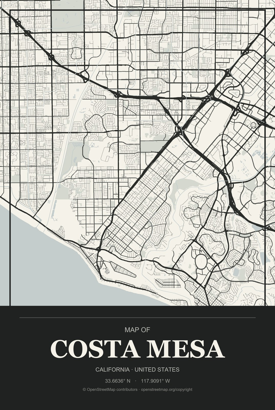 Costa Mesa, California City Map Aluminum Sign in Museum Plaque style