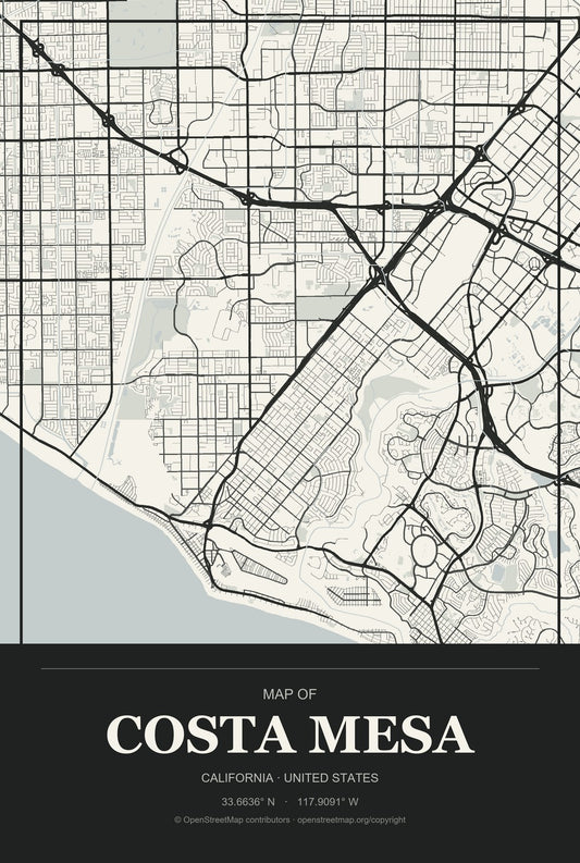 Costa Mesa, California City Map Aluminum Sign in Museum Plaque style