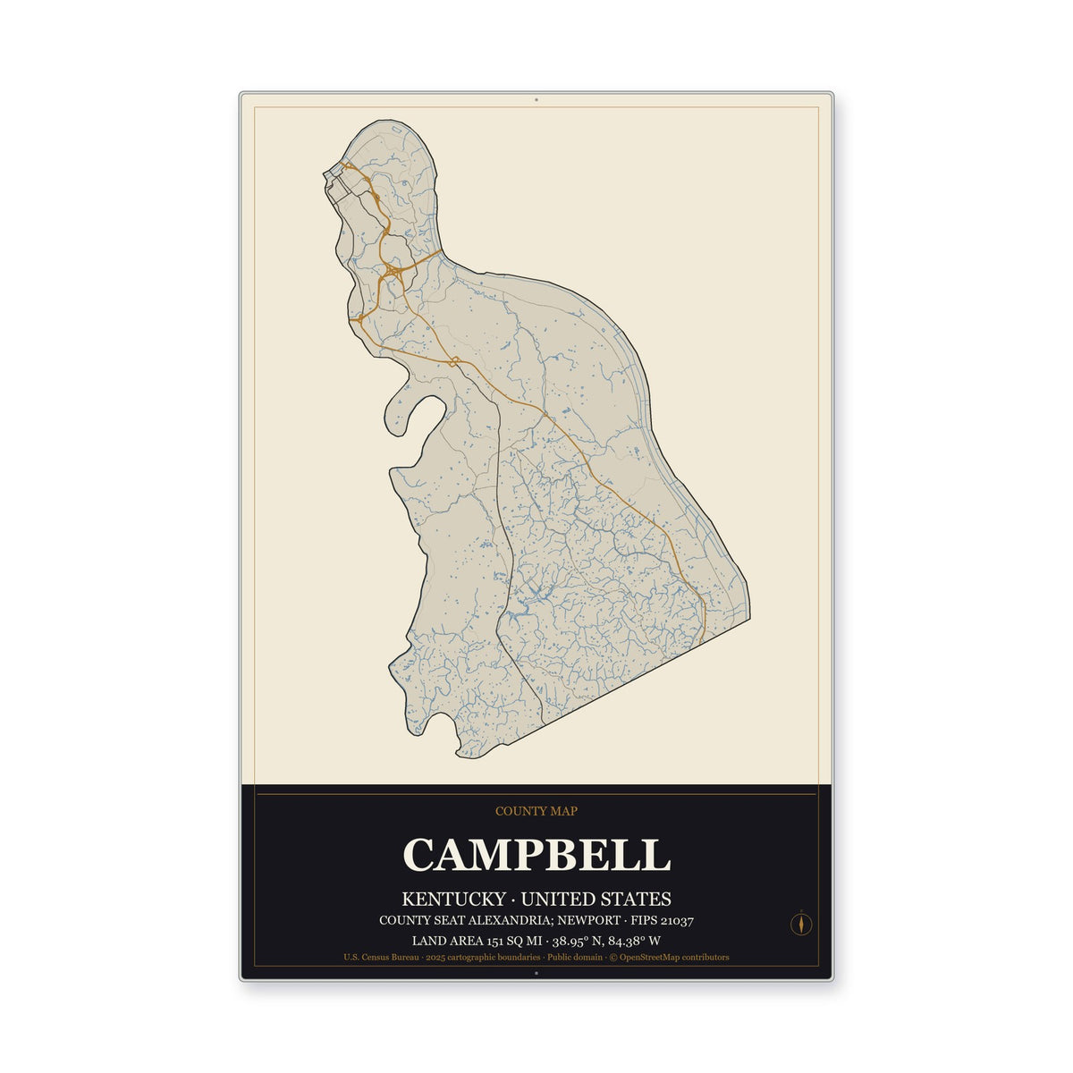 Campbell County, Kentucky Map Aluminum Sign in Museum Plaque style