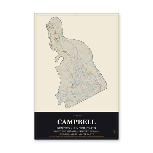 Campbell County, Kentucky Map Aluminum Sign in Museum Plaque style