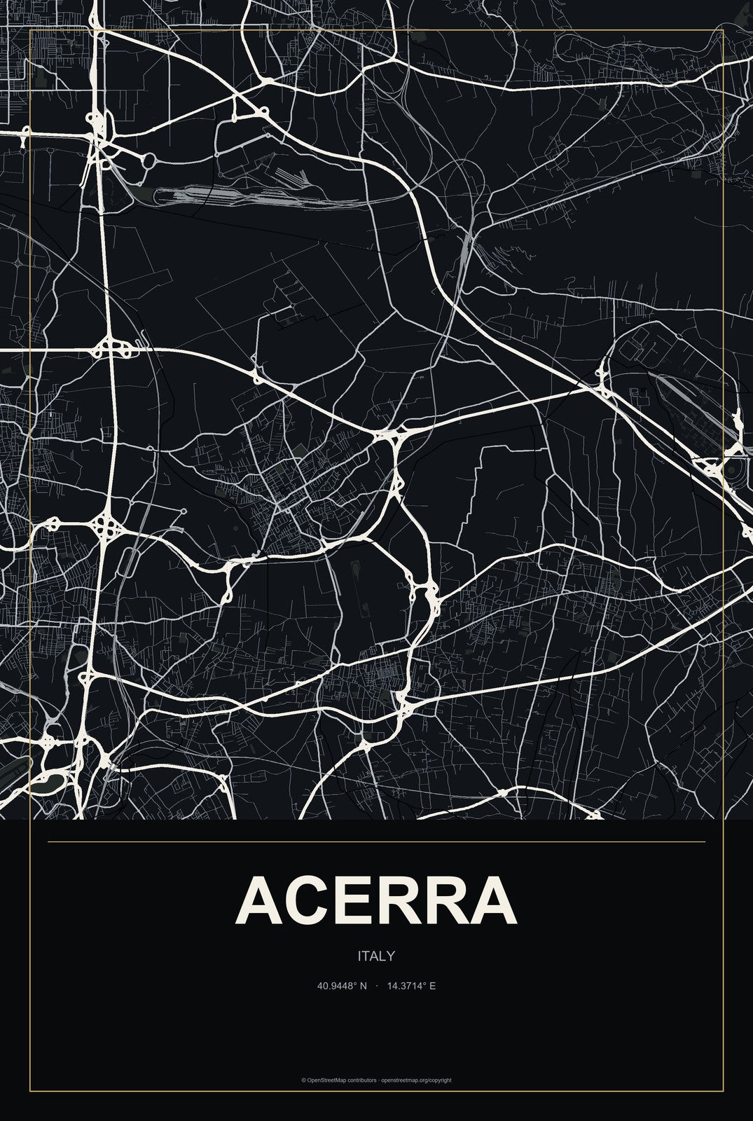 Acerra, Italy City Map Aluminum Sign in Metropolitan Noir style