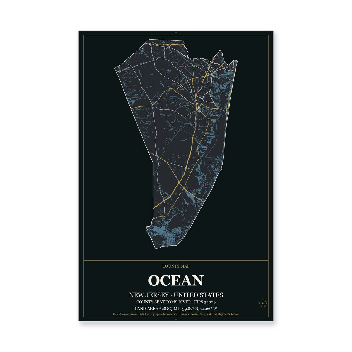 Ocean County, New Jersey Map Aluminum Sign in Metropolitan Noir style