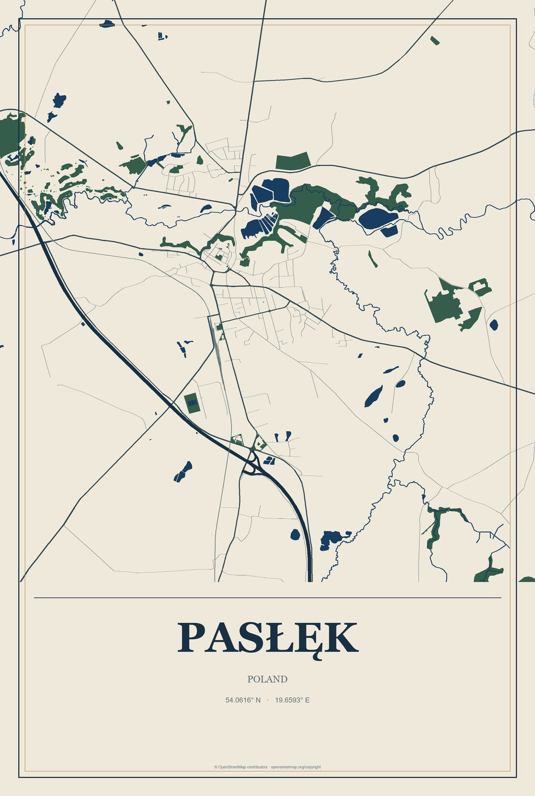 Pasłęk, Poland City Map Aluminum Sign in Coastal Cutout style