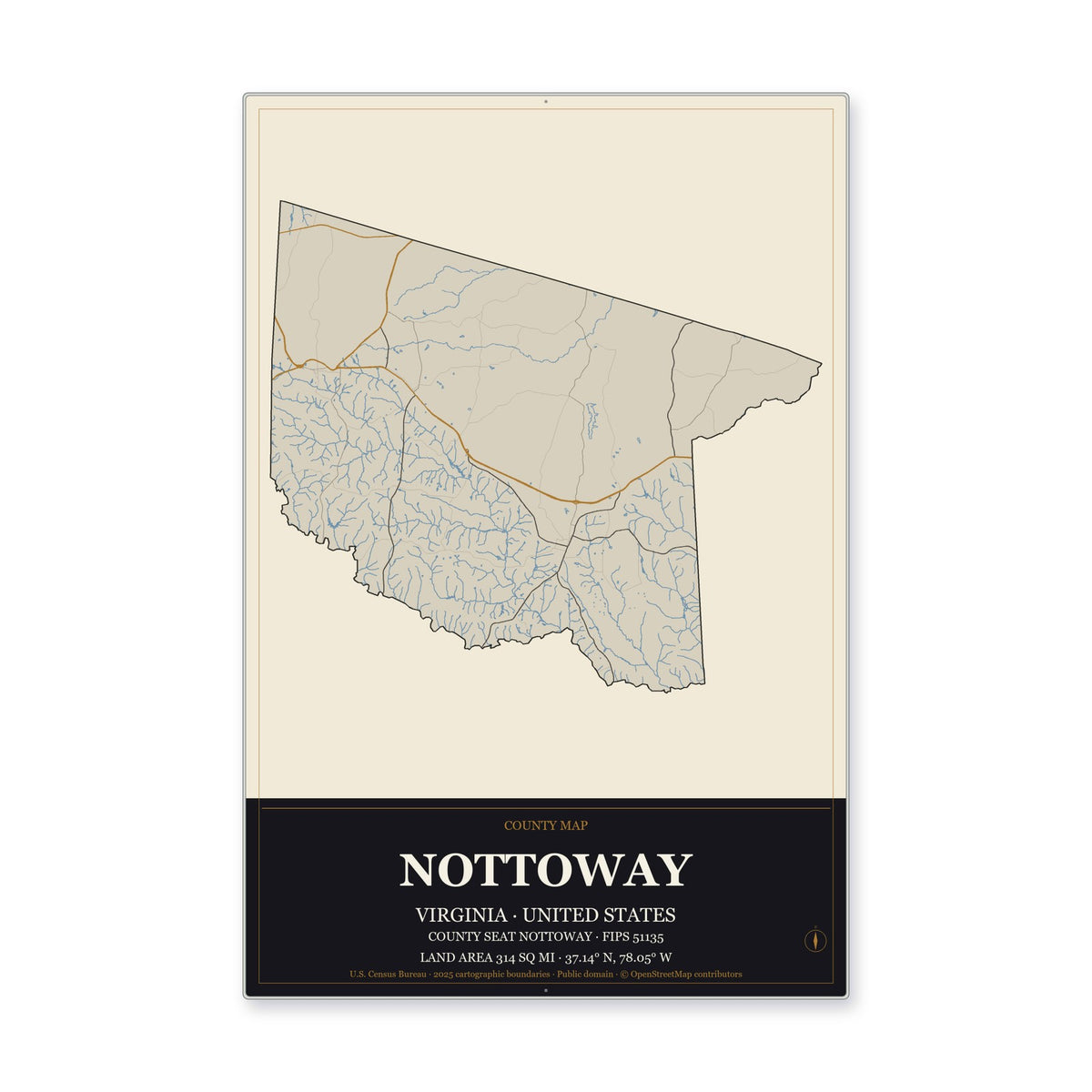 Nottoway County, Virginia Map Aluminum Sign in Museum Plaque style