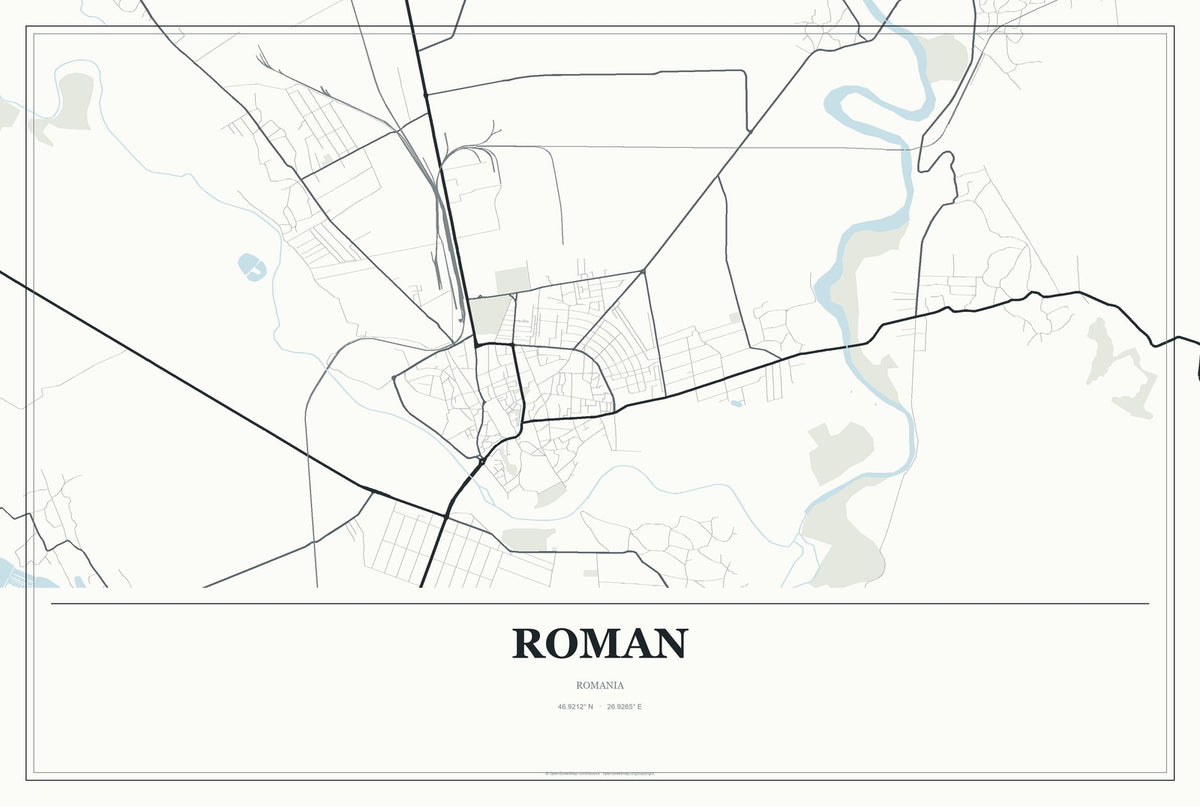 Roman, Romania City Map Aluminum Sign in Gallery Air style