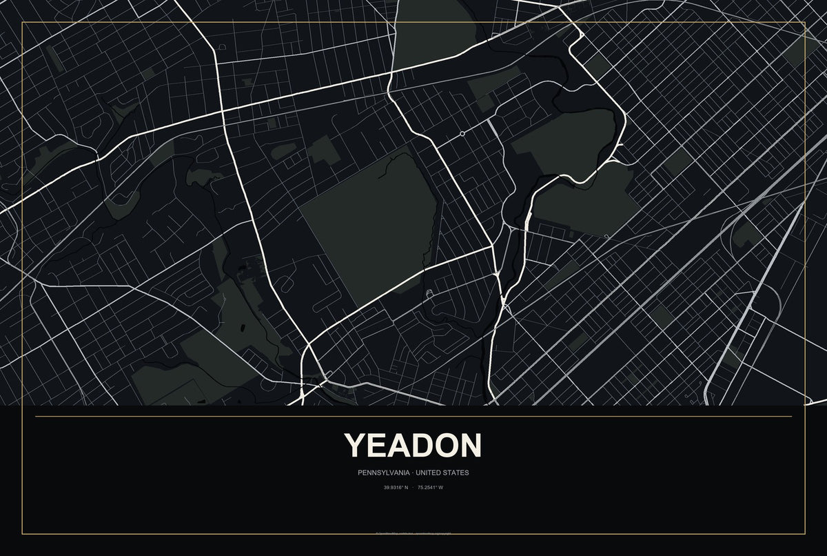 Yeadon, Pennsylvania City Map Aluminum Sign in Metropolitan Noir style