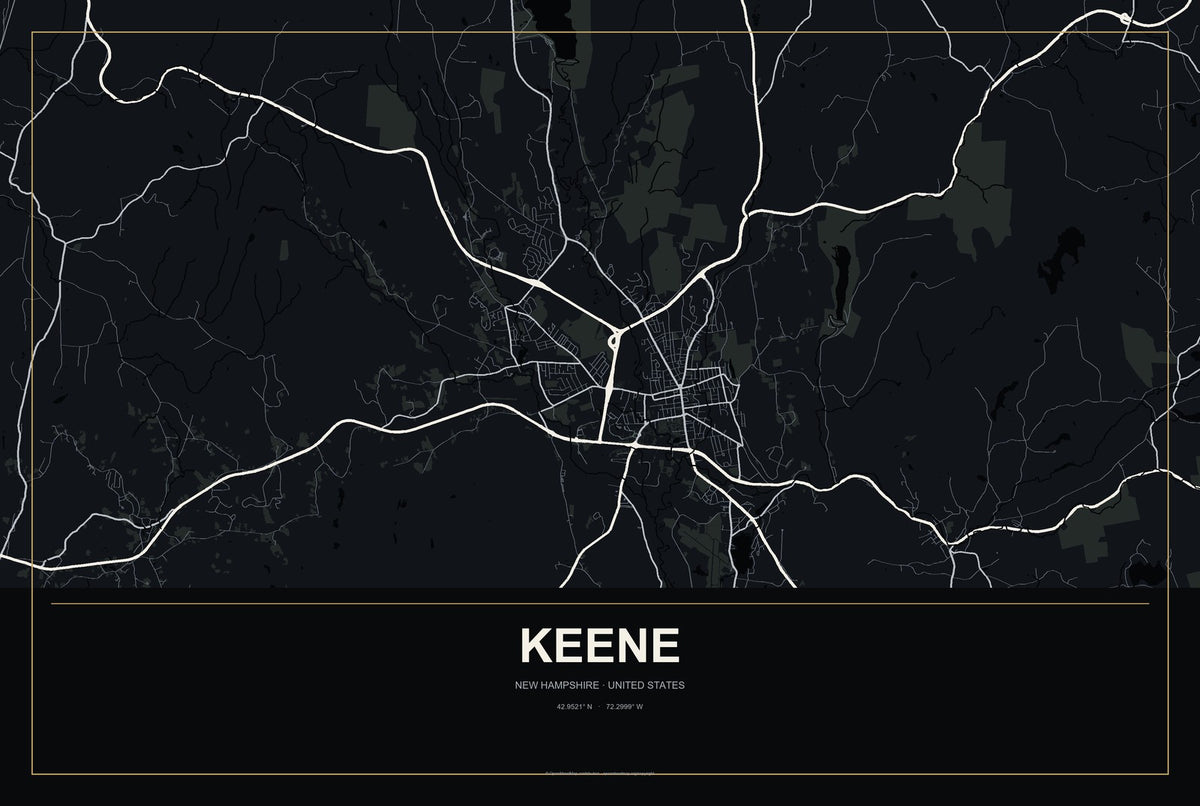 Keene, New Hampshire City Map Aluminum Sign in Metropolitan Noir style