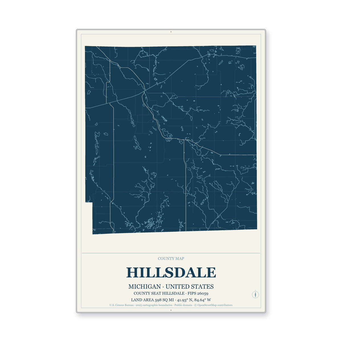 Hillsdale County, Michigan Map Aluminum Sign in Coastal Cutout style