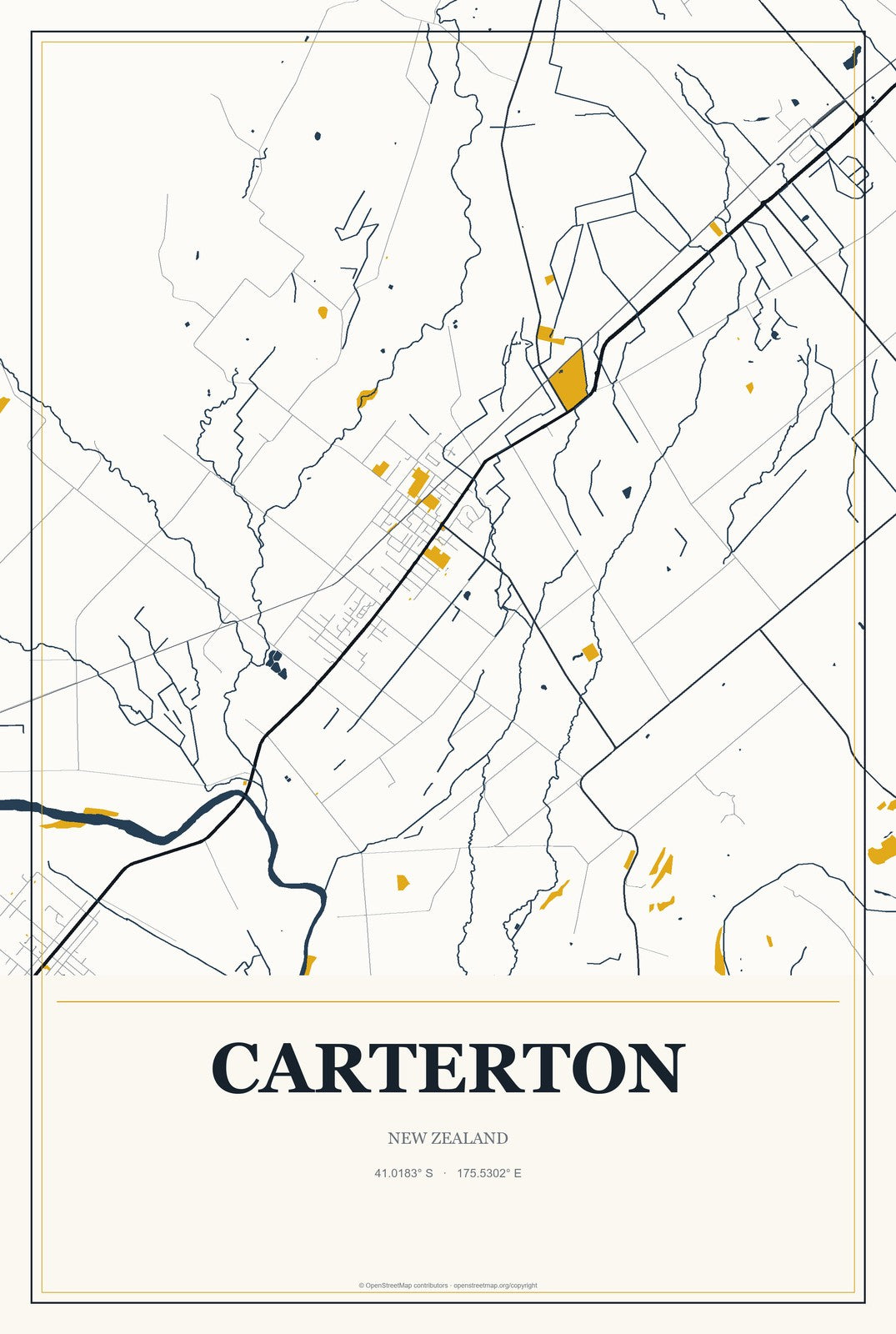 Carterton, New Zealand City Map Aluminum Sign in Citrine Modern style