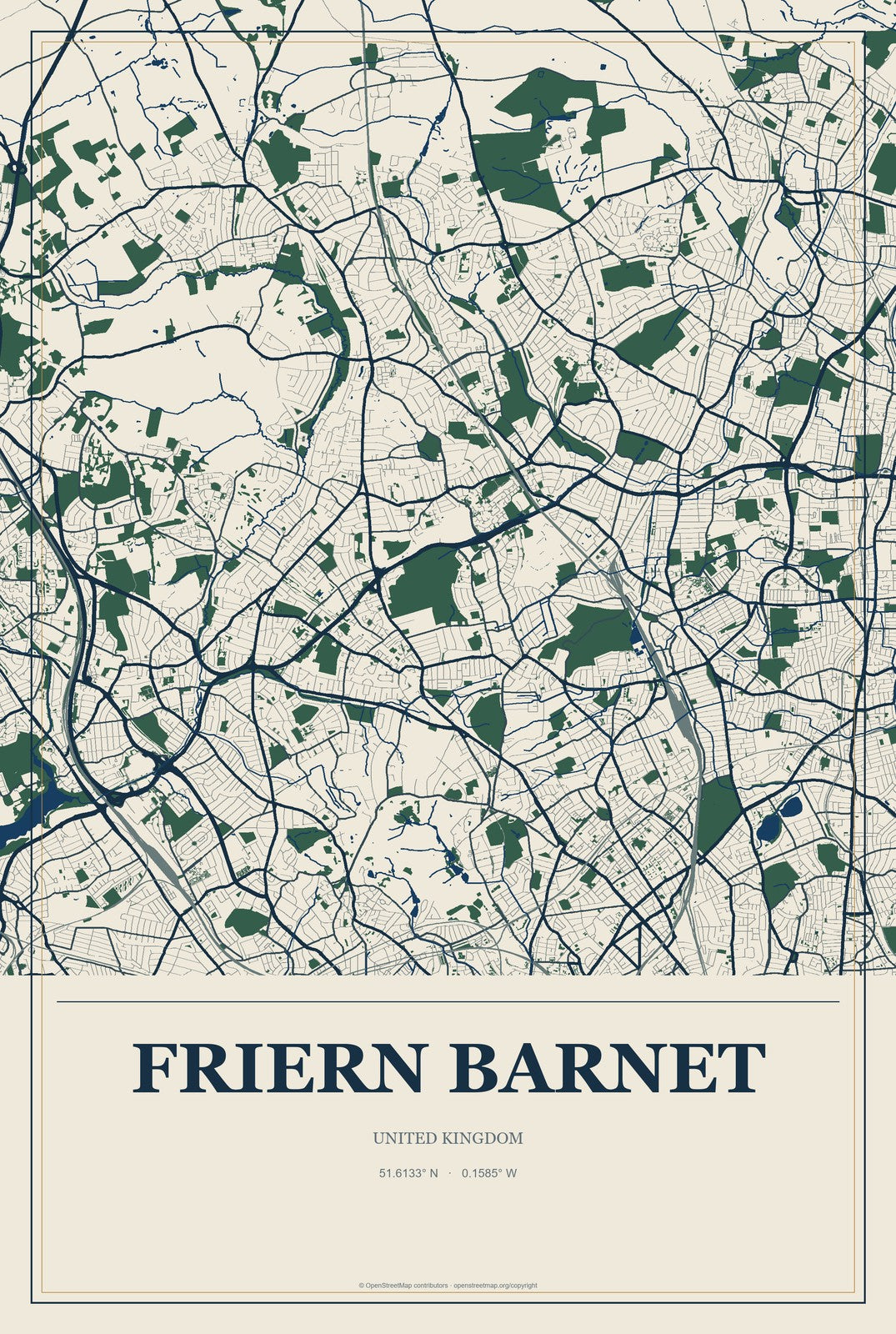 Friern Barnet, United Kingdom City Map Aluminum Sign in Coastal Cutout style