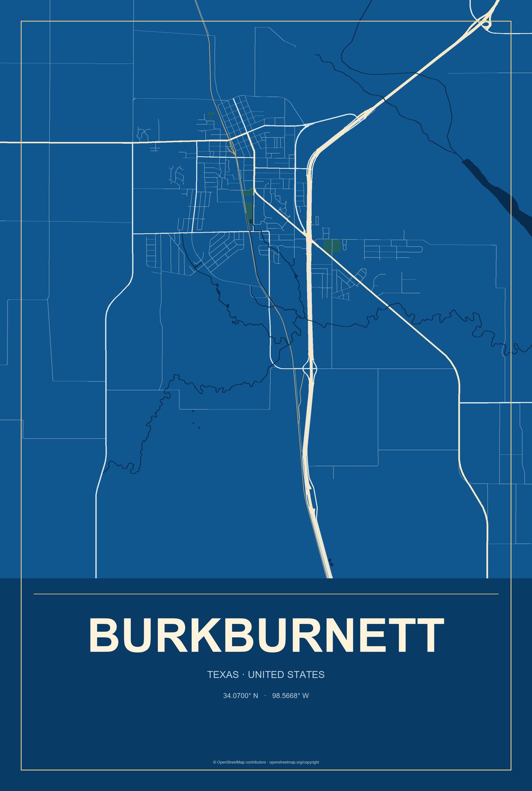 Burkburnett, Texas City Map Aluminum Sign in Harbor Cobalt style