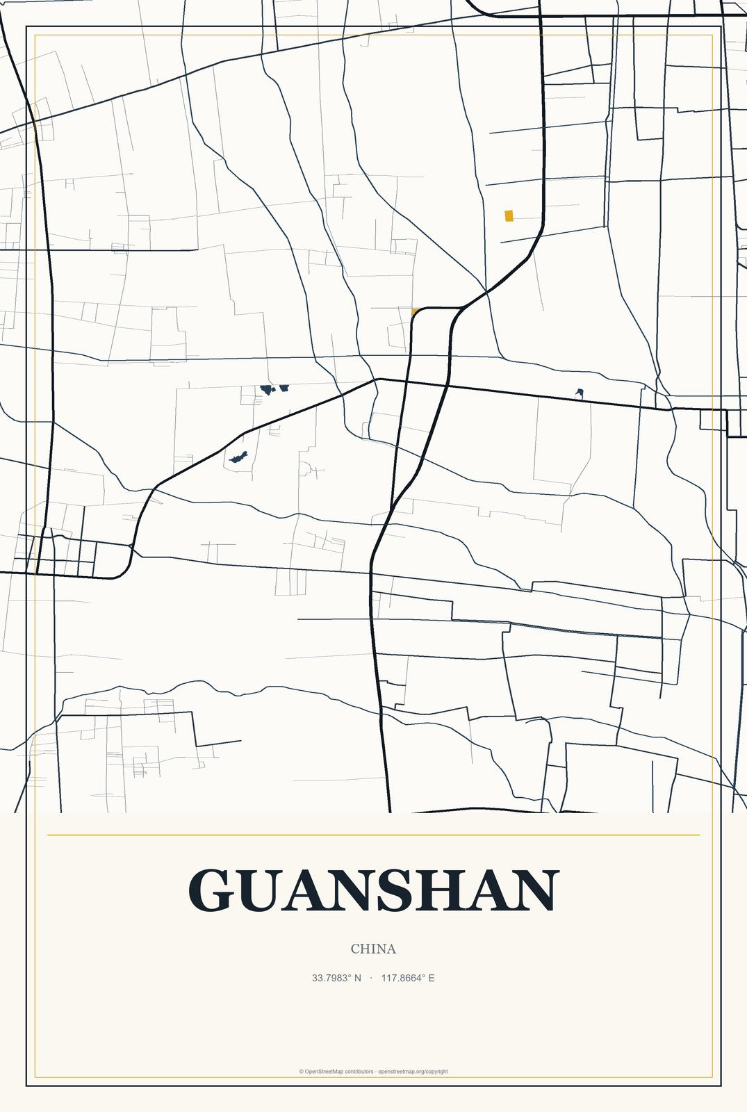 Guanshan, China City Map Aluminum Sign in Citrine Modern style