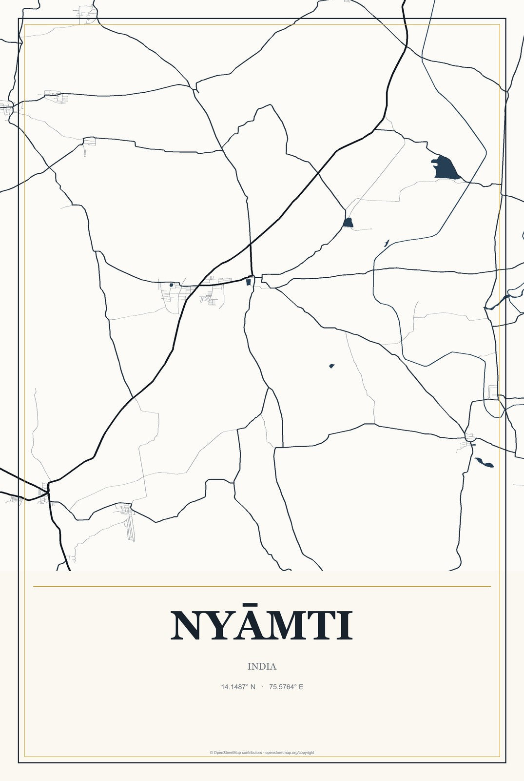 Nyāmti, India City Map Aluminum Sign in Citrine Modern style