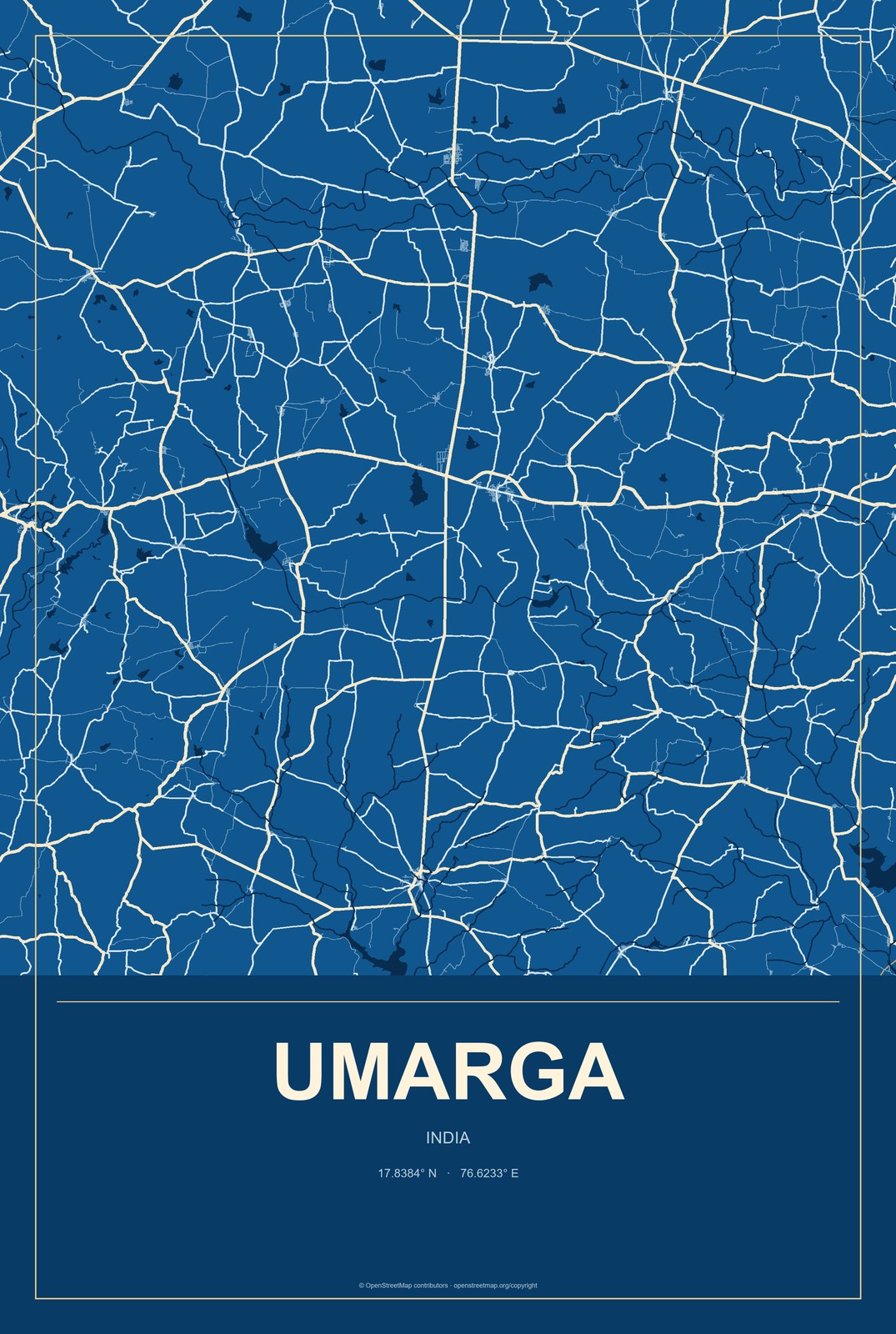 Umarga, India City Map Aluminum Sign in Harbor Cobalt style