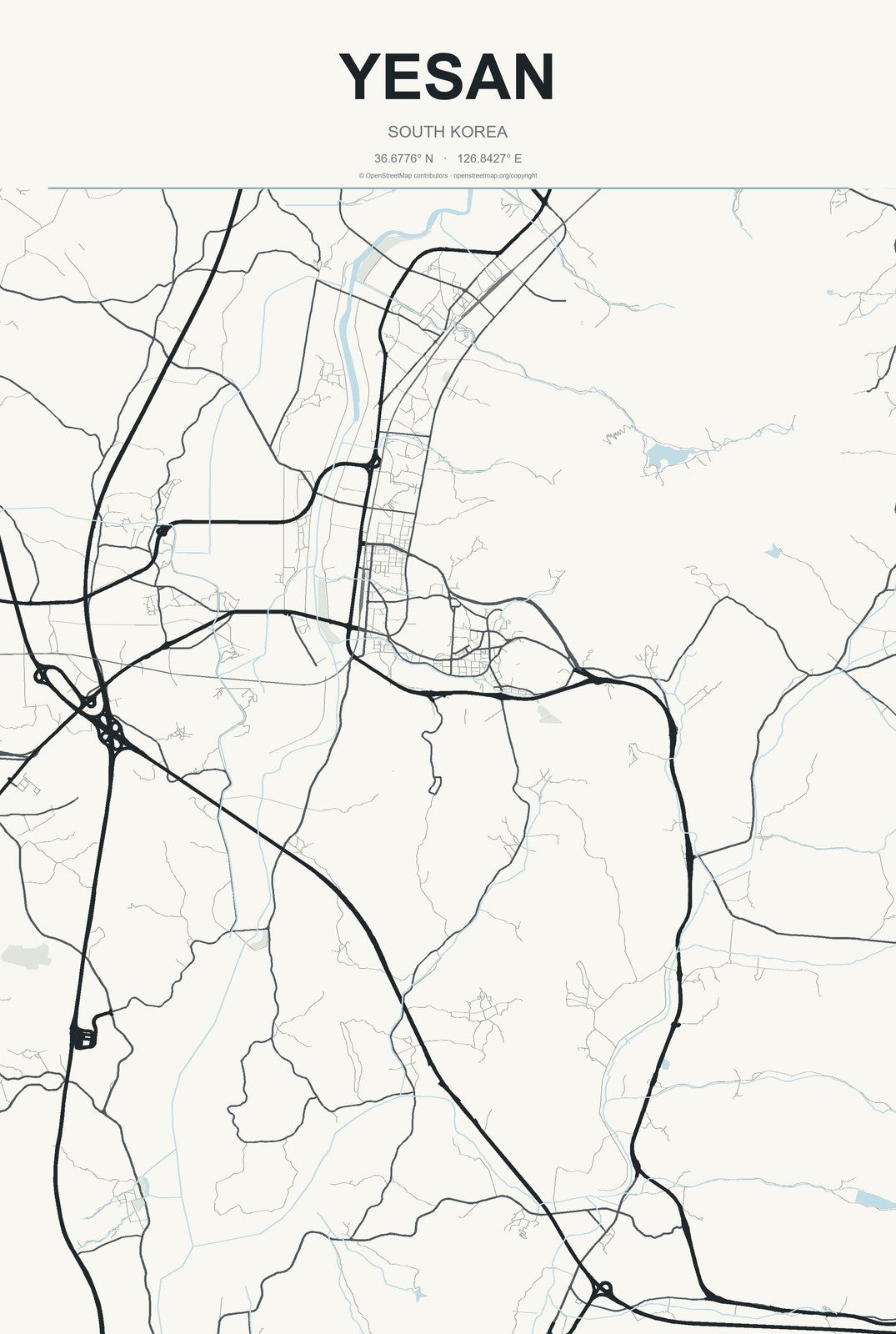 Yesan, South Korea City Map Aluminum Sign in Headline Atlas style