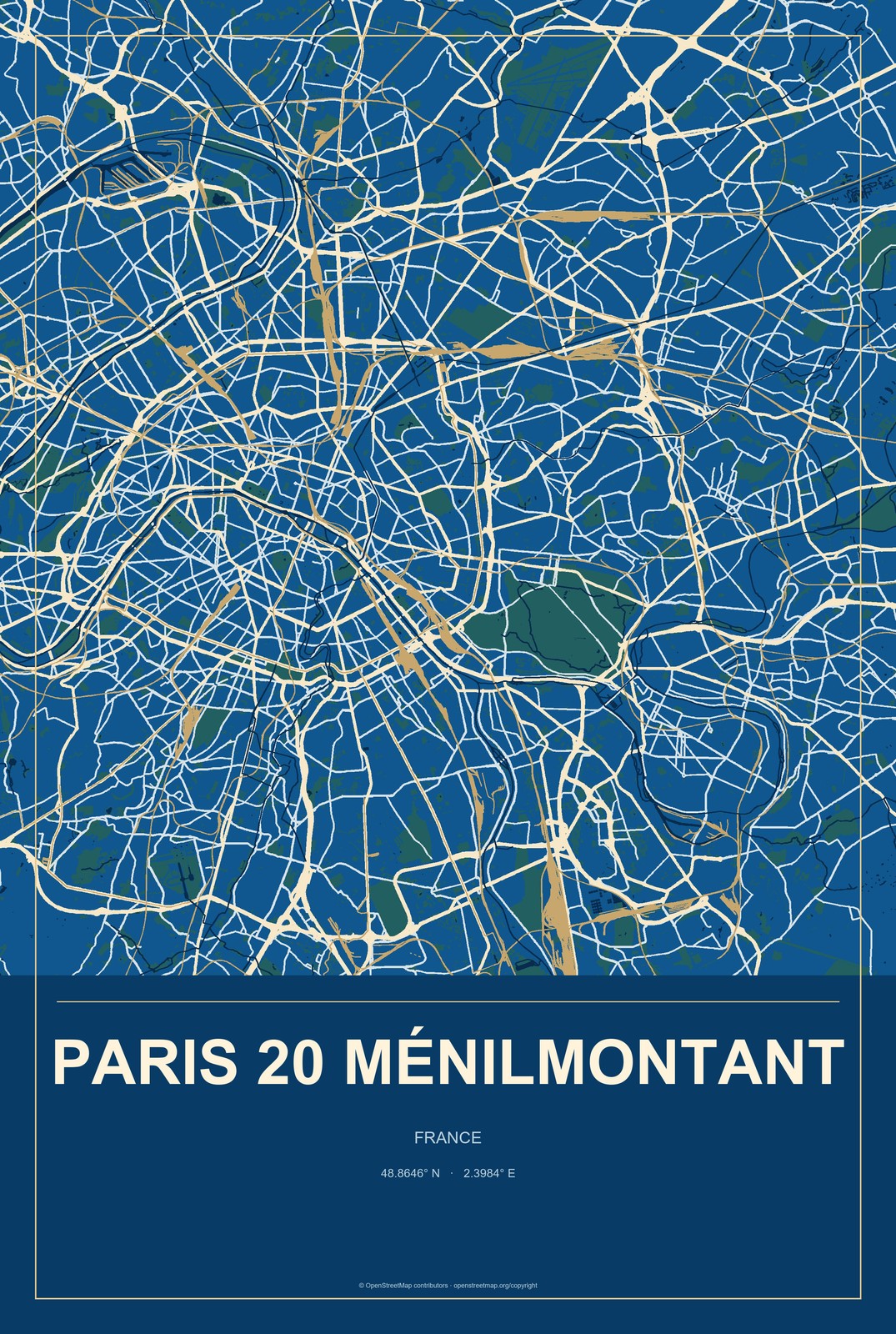 Paris 20 Ménilmontant, France City Map Aluminum Sign in Harbor Cobalt style