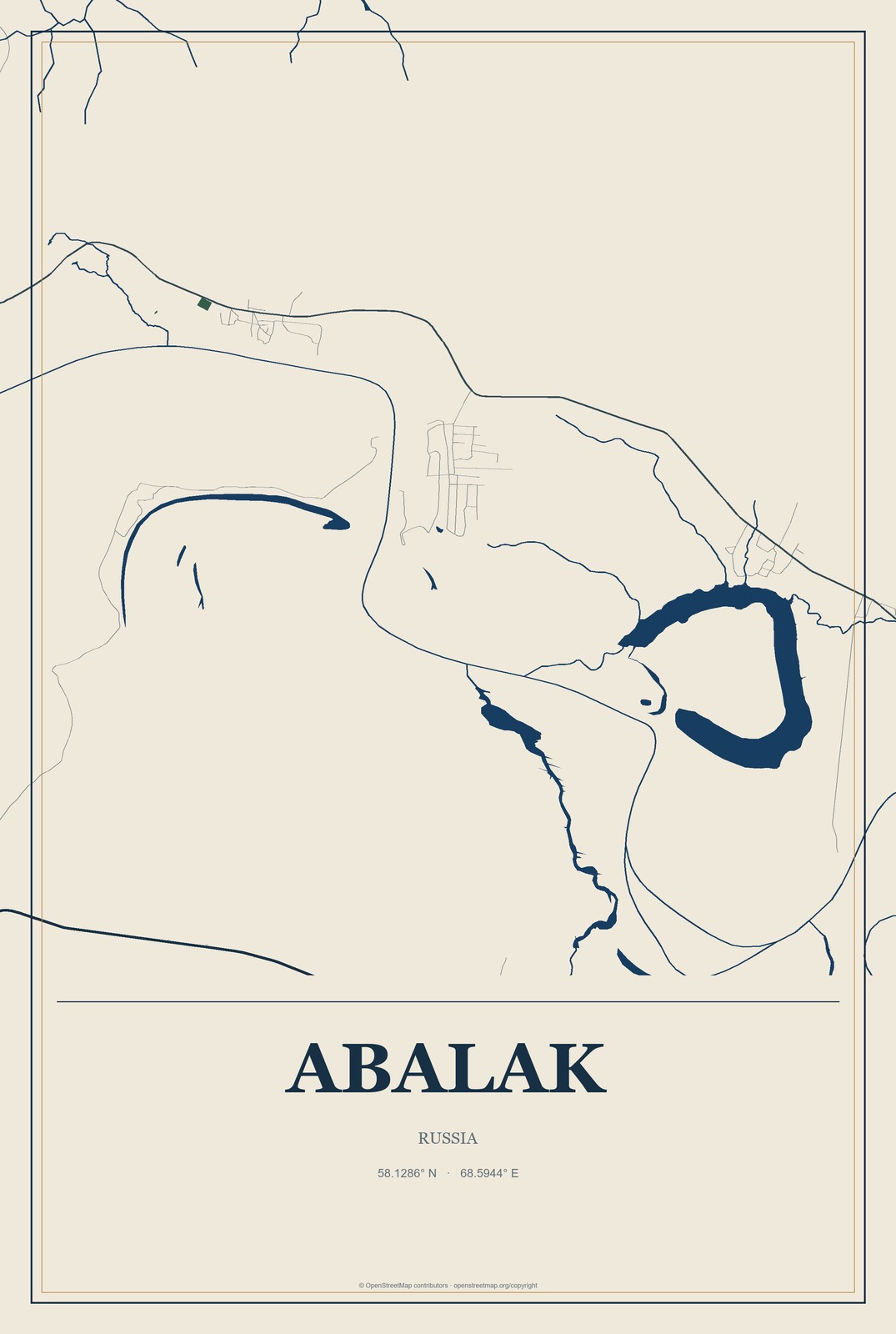 Abalak, Russia City Map Aluminum Sign in Coastal Cutout style