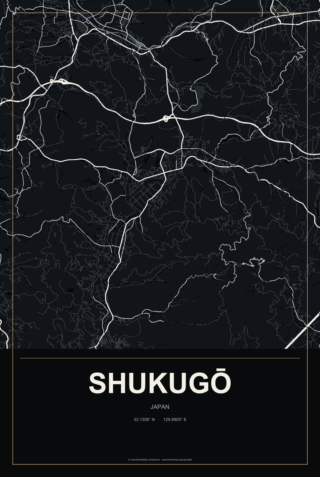 Shukugō, Japan City Map Aluminum Sign in Metropolitan Noir style