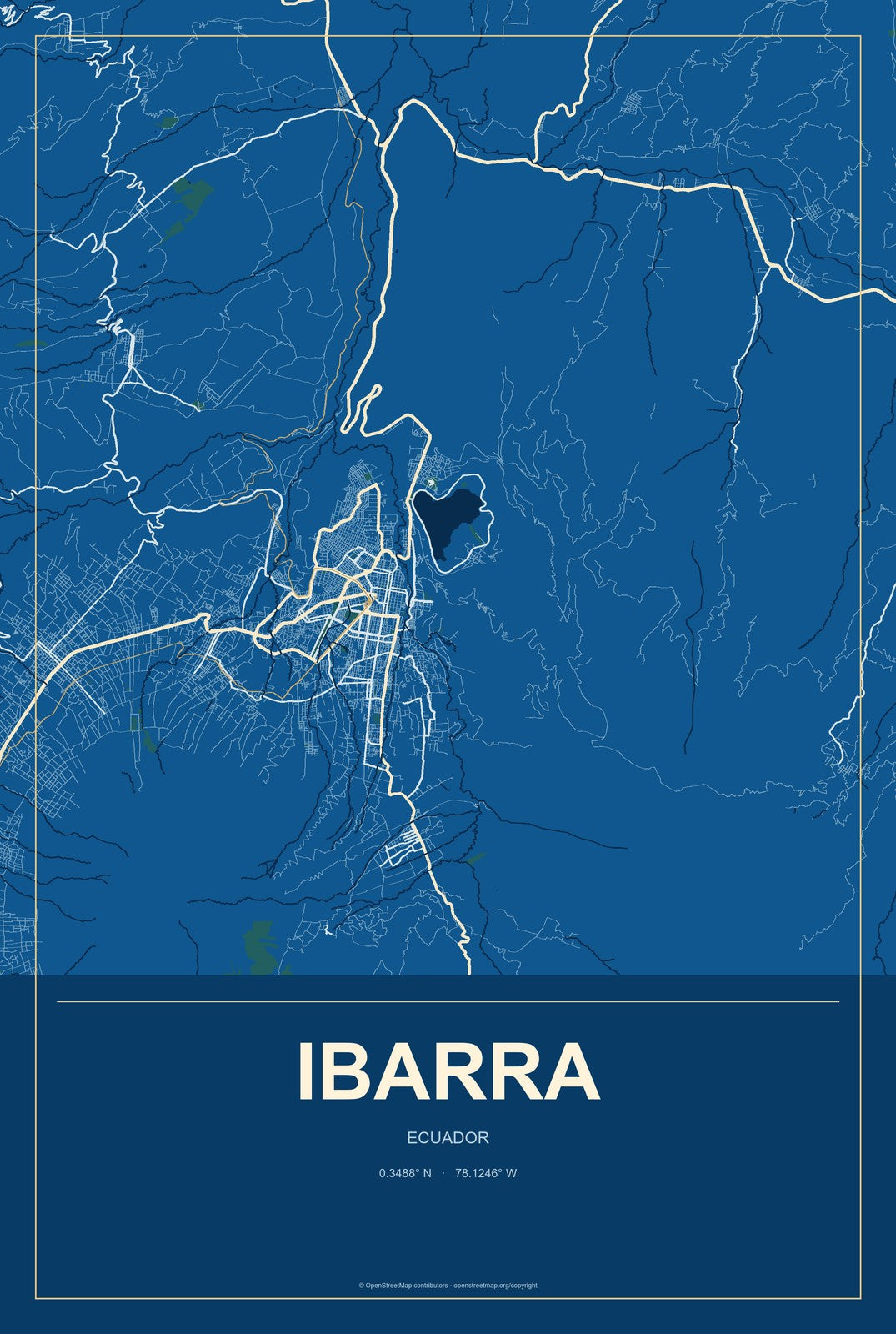 Ibarra, Ecuador City Map Aluminum Sign in Harbor Cobalt style