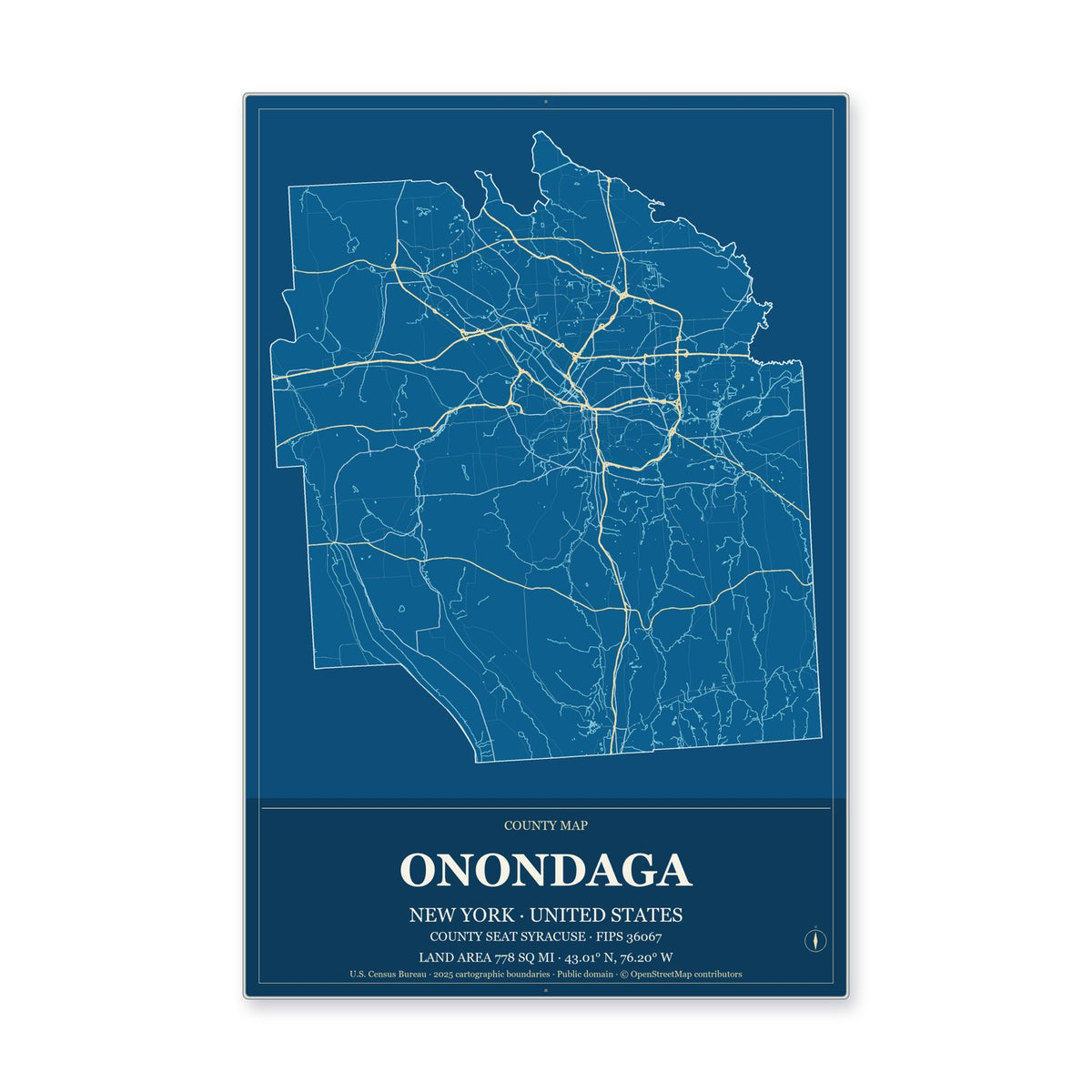 Onondaga County, New York Map Aluminum Sign in Harbor Cobalt style