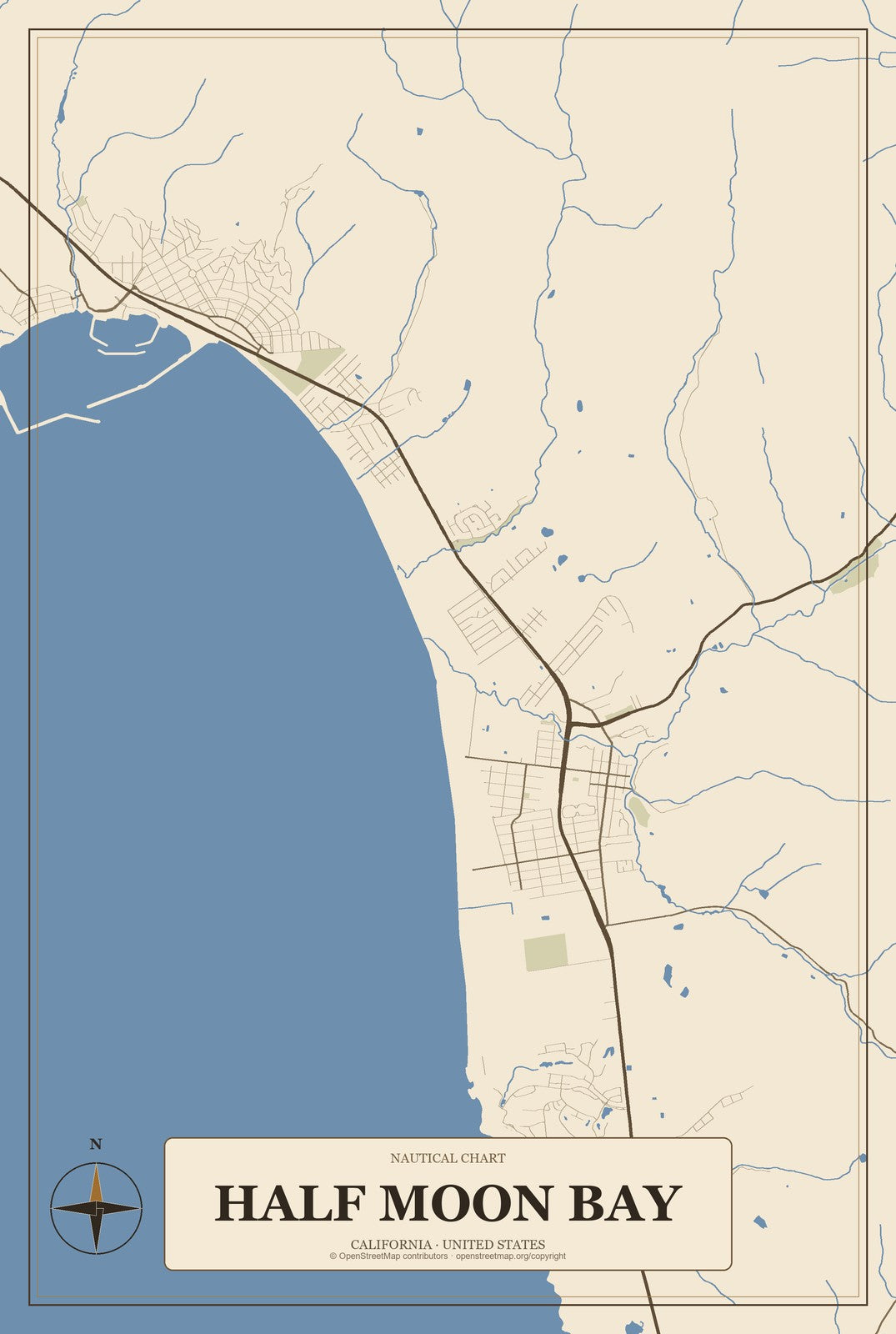 Half Moon Bay, California City Map Aluminum Sign in Heritage Nautical style