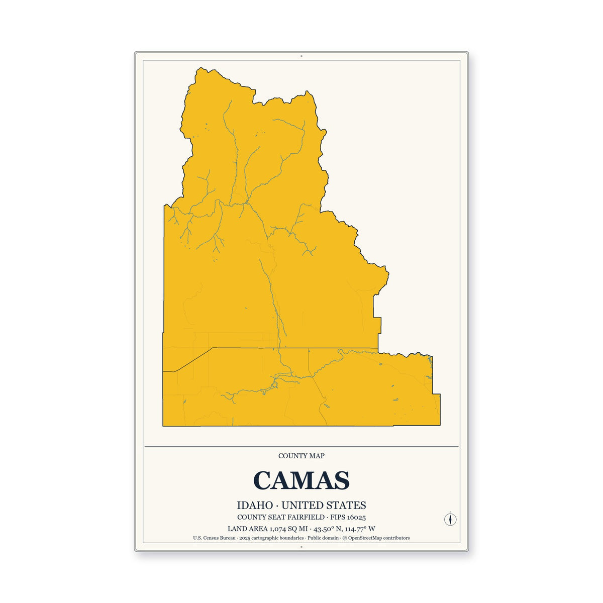 Camas County, Idaho Map Aluminum Sign in Citrine Modern style