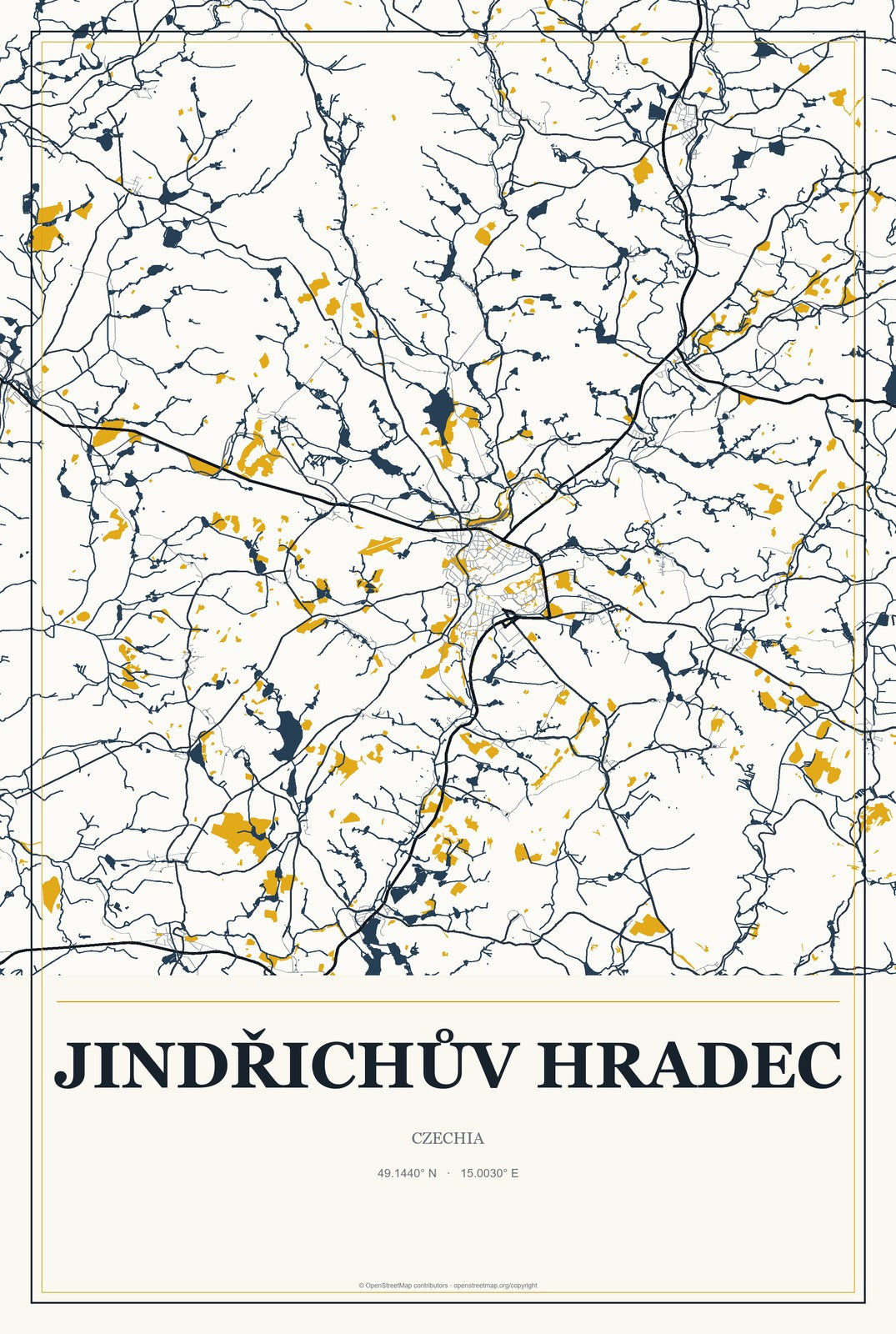 Jindřichův Hradec, Czechia City Map Aluminum Sign in Citrine Modern style