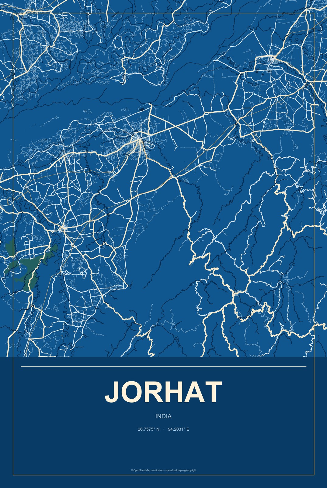 Jorhat, India City Map Aluminum Sign in Harbor Cobalt style