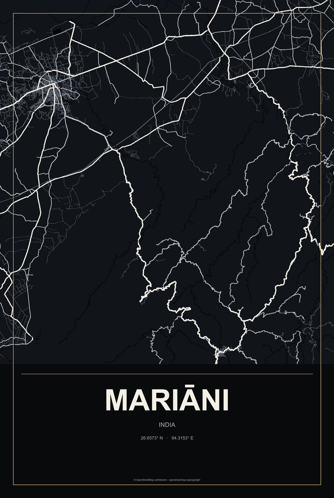 Mariāni, India City Map Aluminum Sign in Metropolitan Noir style