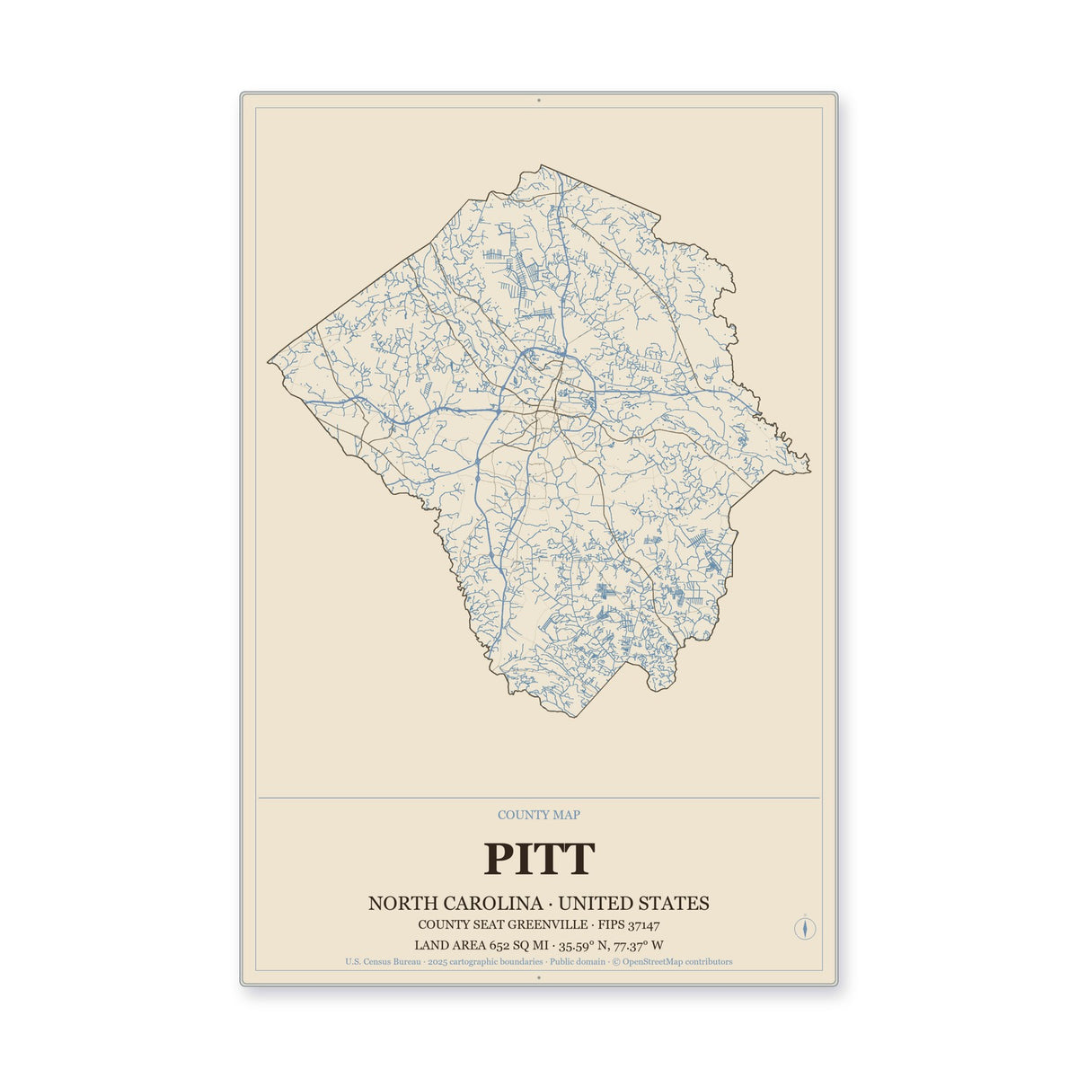 Pitt County, North Carolina Map Aluminum Sign in Heritage Nautical style