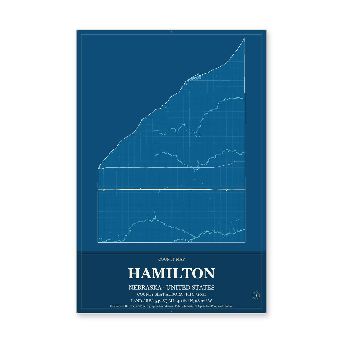 Hamilton County, Nebraska Map Aluminum Sign in Harbor Cobalt style