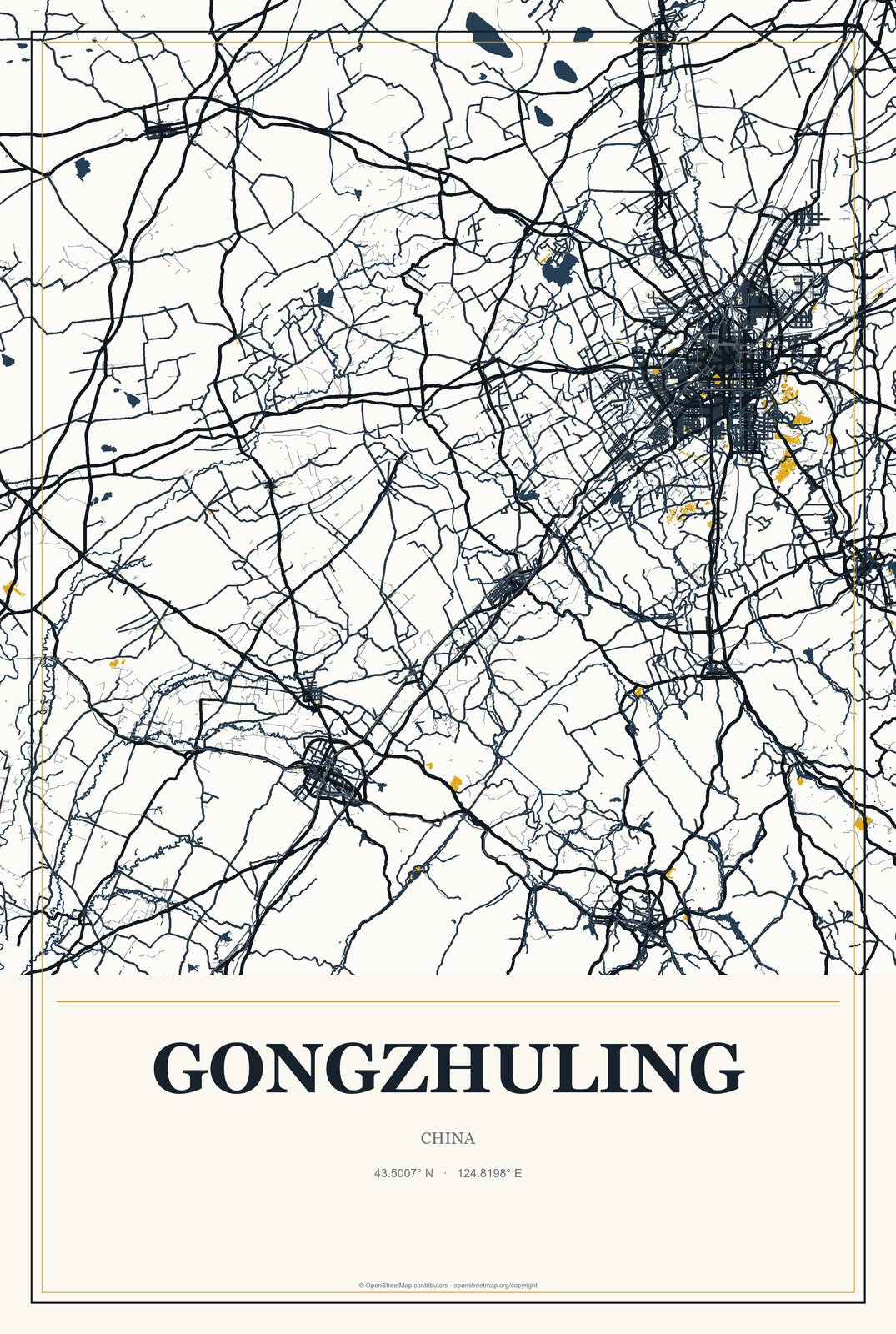 Gongzhuling, China City Map Aluminum Sign in Citrine Modern style