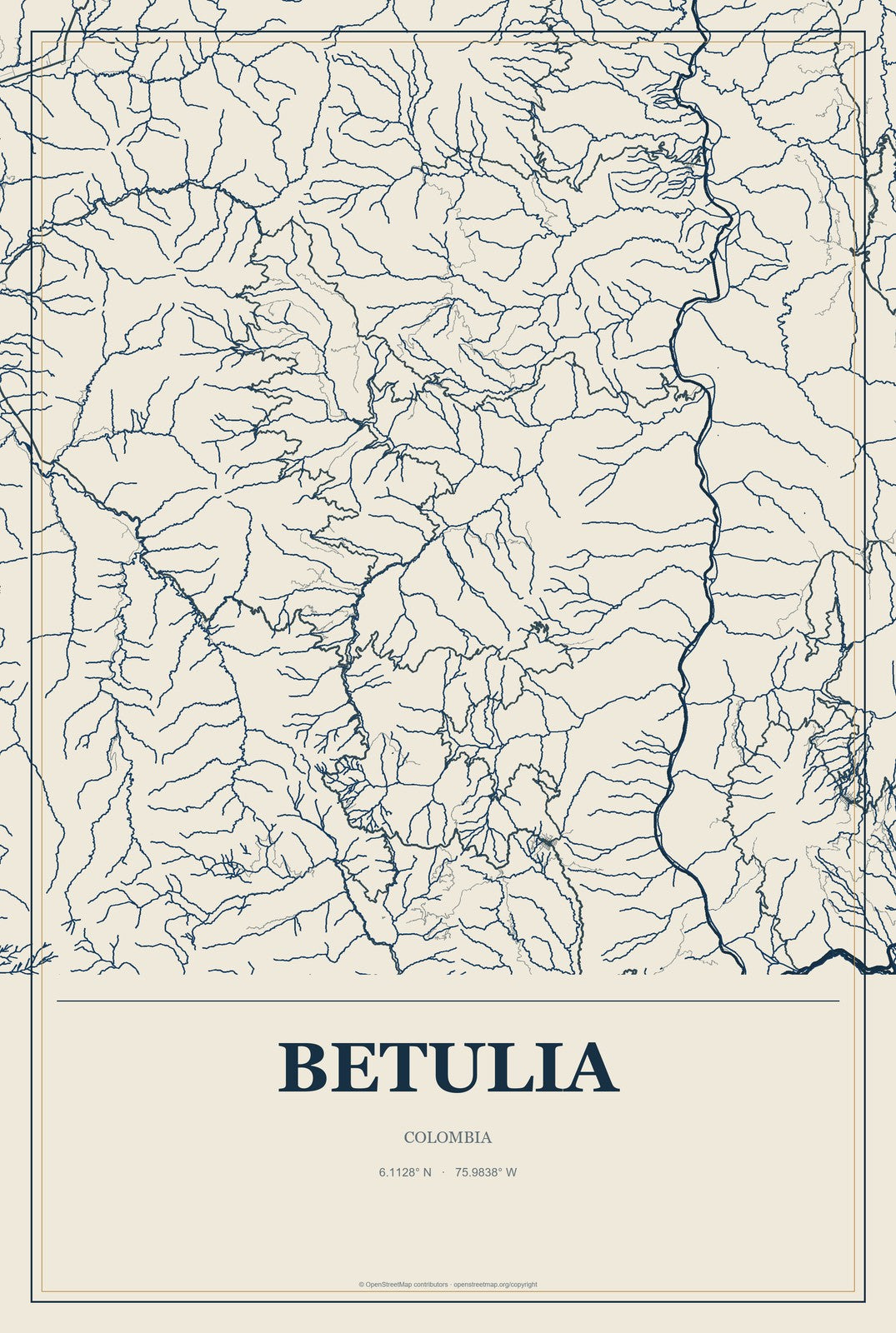Betulia, Colombia City Map Aluminum Sign in Coastal Cutout style
