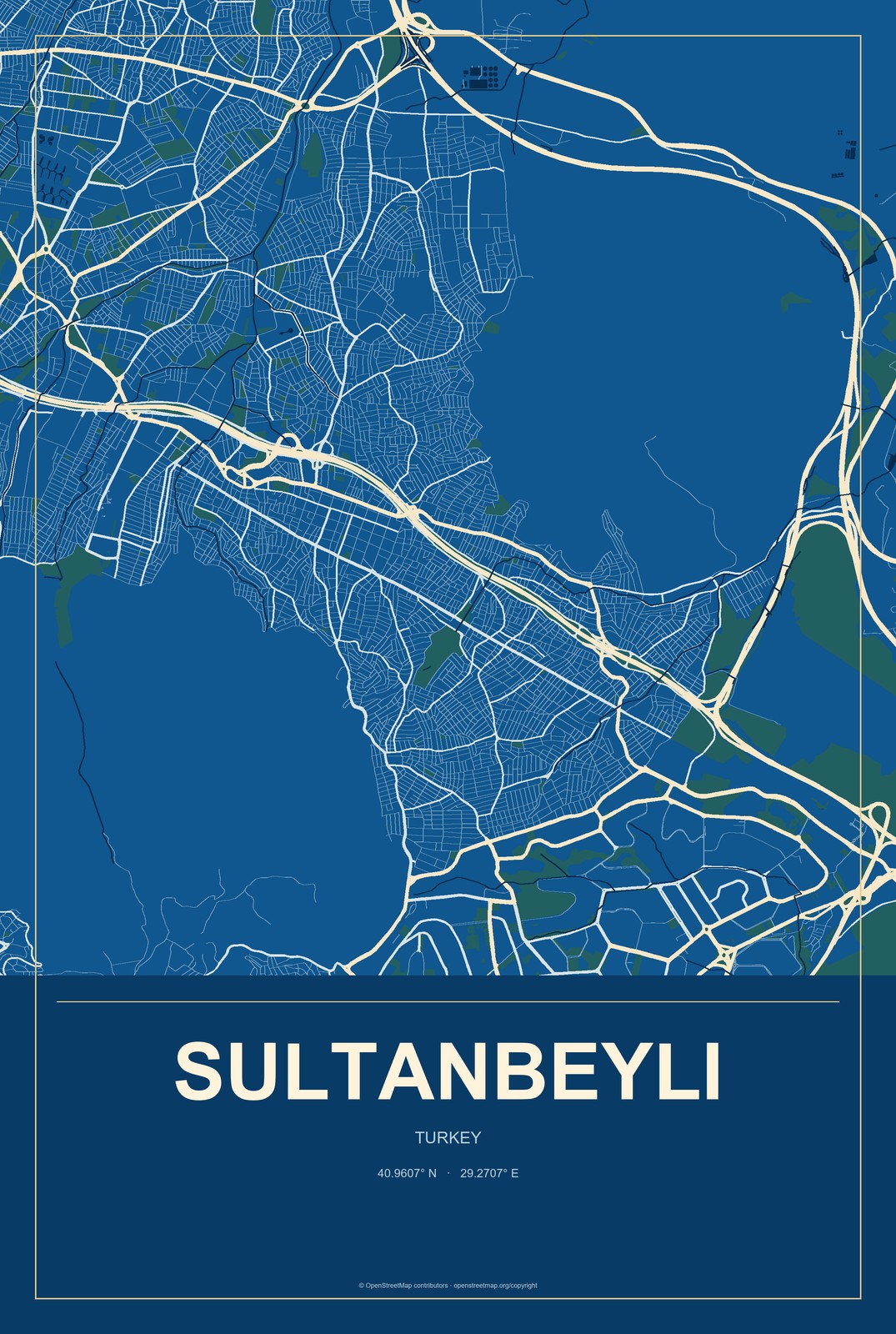 Sultanbeyli, Turkey City Map Aluminum Sign in Harbor Cobalt style