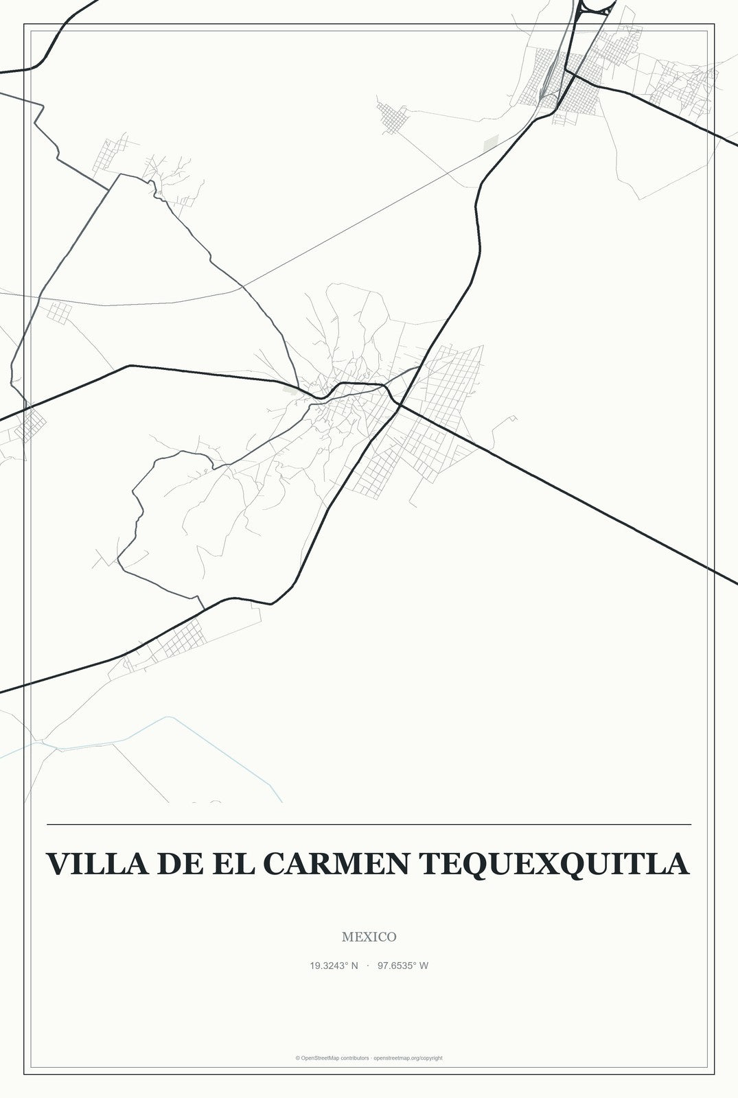 Villa de El Carmen Tequexquitla, Mexico City Map Aluminum Sign in Gallery Air style