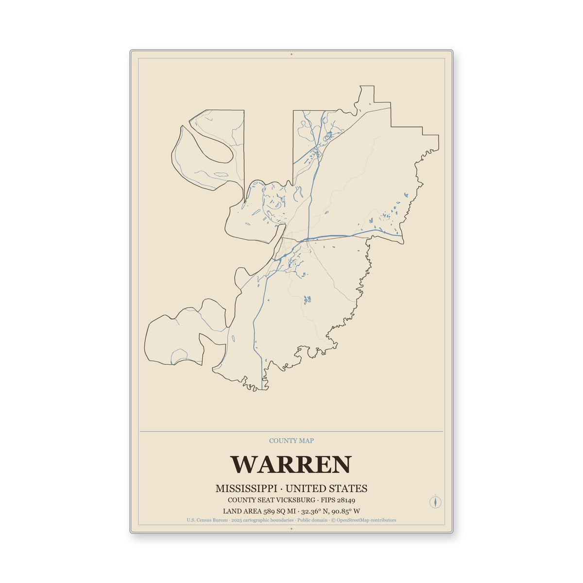Warren County, Mississippi Map Aluminum Sign in Heritage Nautical style