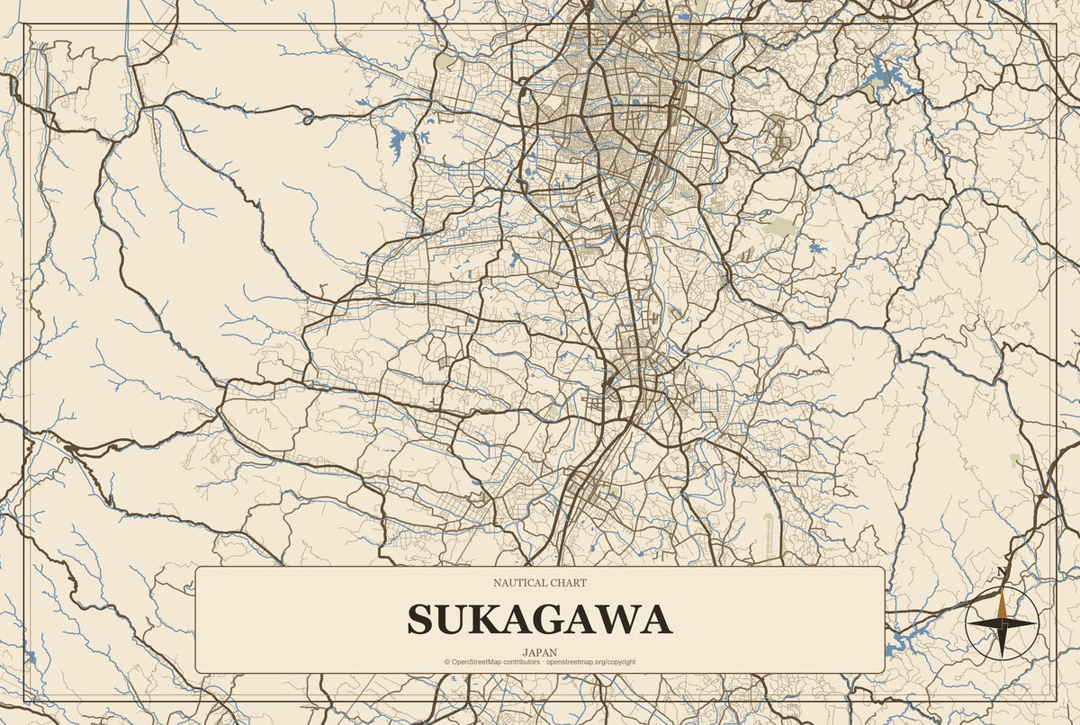 Sukagawa, Japan City Map Aluminum Sign in Heritage Nautical style