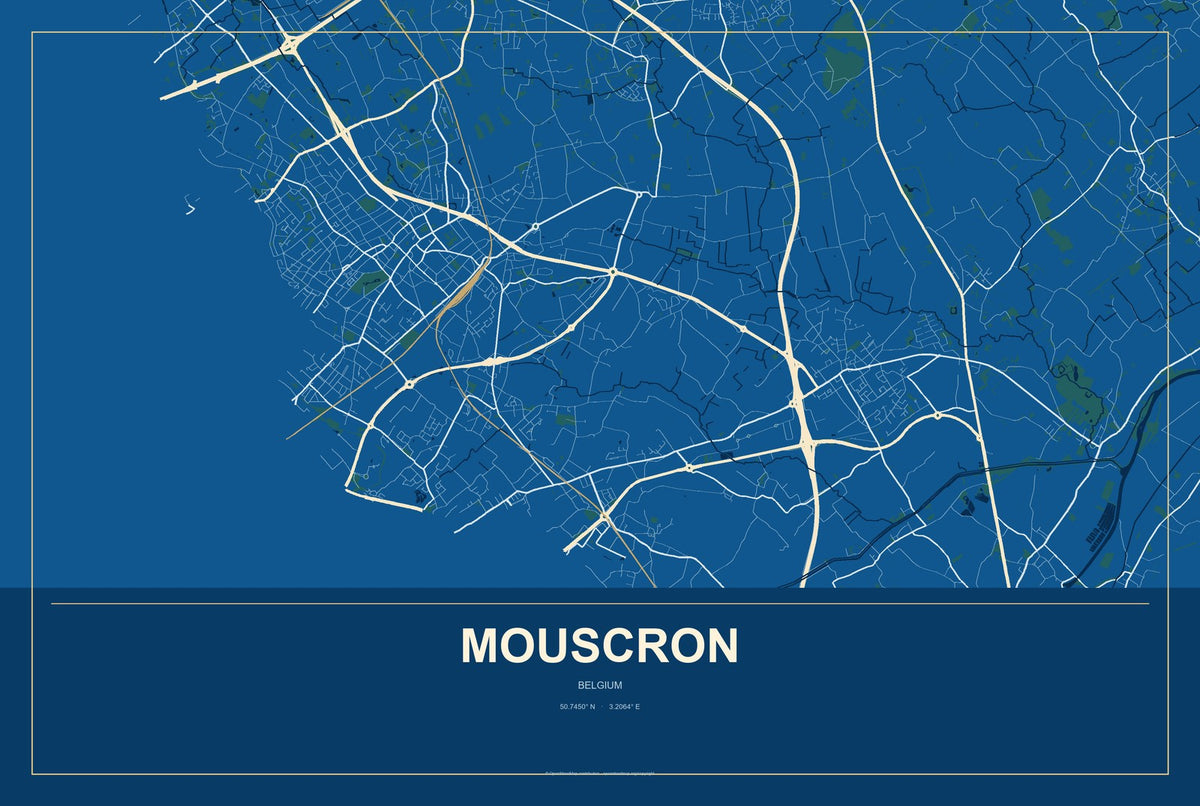 Mouscron, Belgium City Map Aluminum Sign in Harbor Cobalt style
