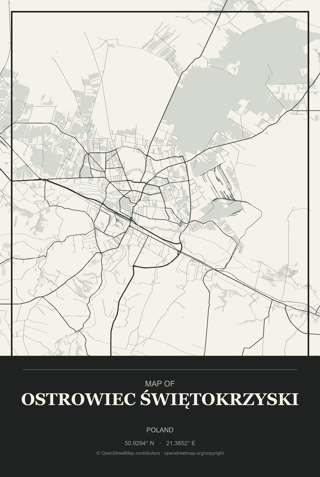 Ostrowiec Świętokrzyski, Poland City Map Aluminum Sign in Museum Plaque style