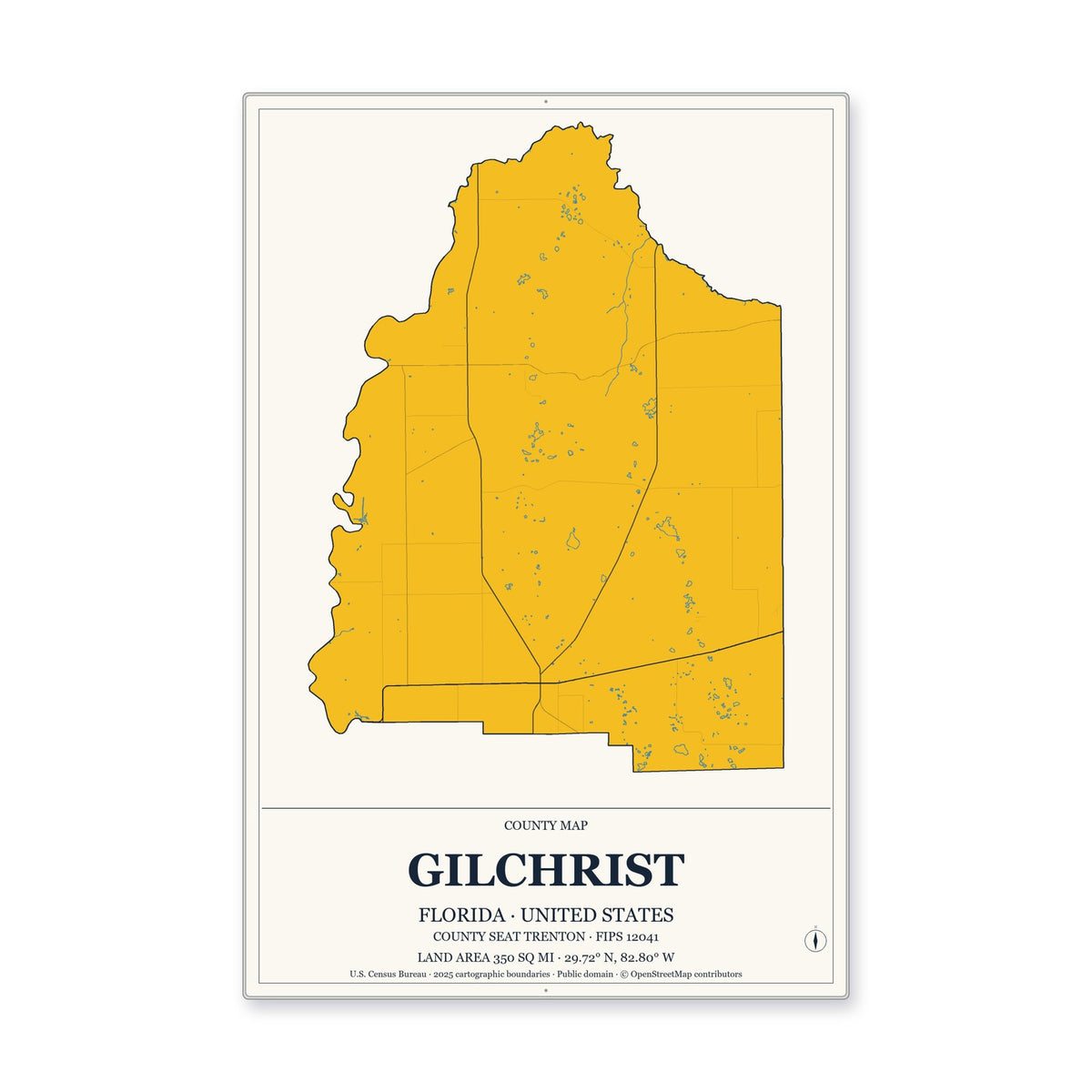 Gilchrist County, Florida Map Aluminum Sign in Citrine Modern style