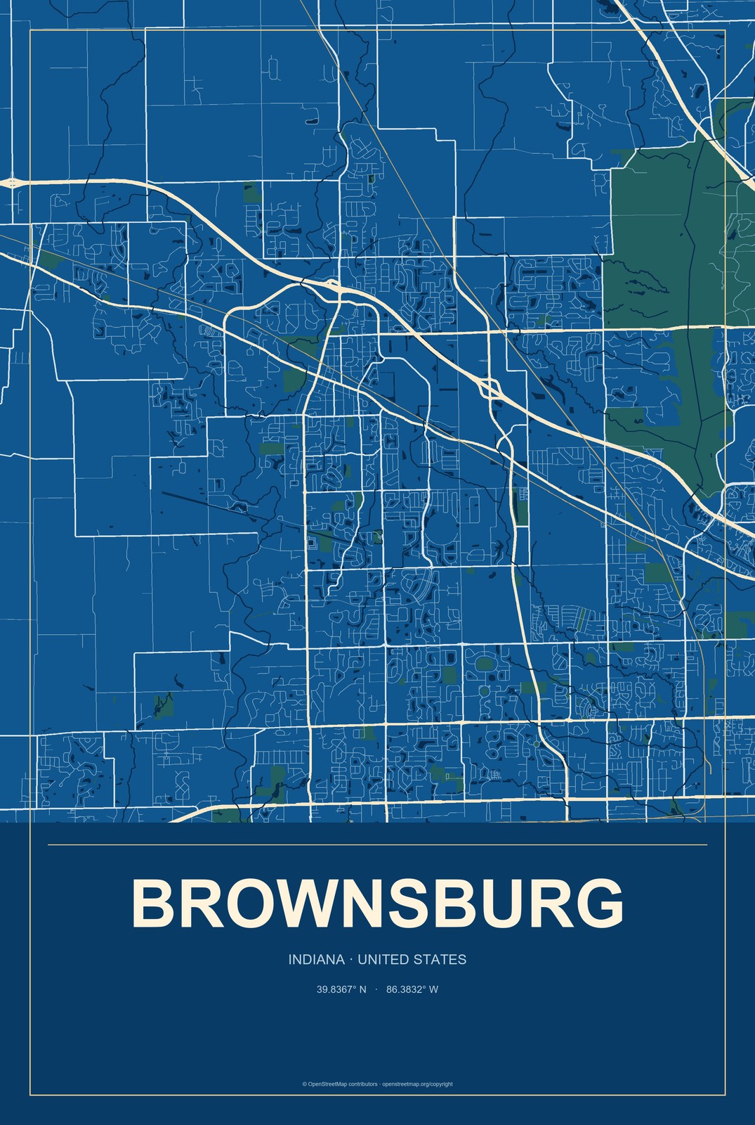 Brownsburg, Indiana City Map Aluminum Sign in Harbor Cobalt style
