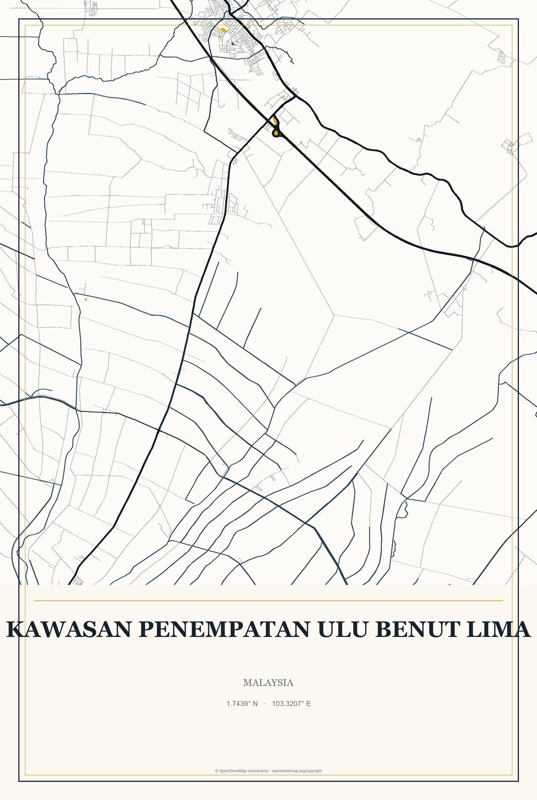 Kawasan Penempatan Ulu Benut Lima, Malaysia City Map Aluminum Sign in Citrine Modern style