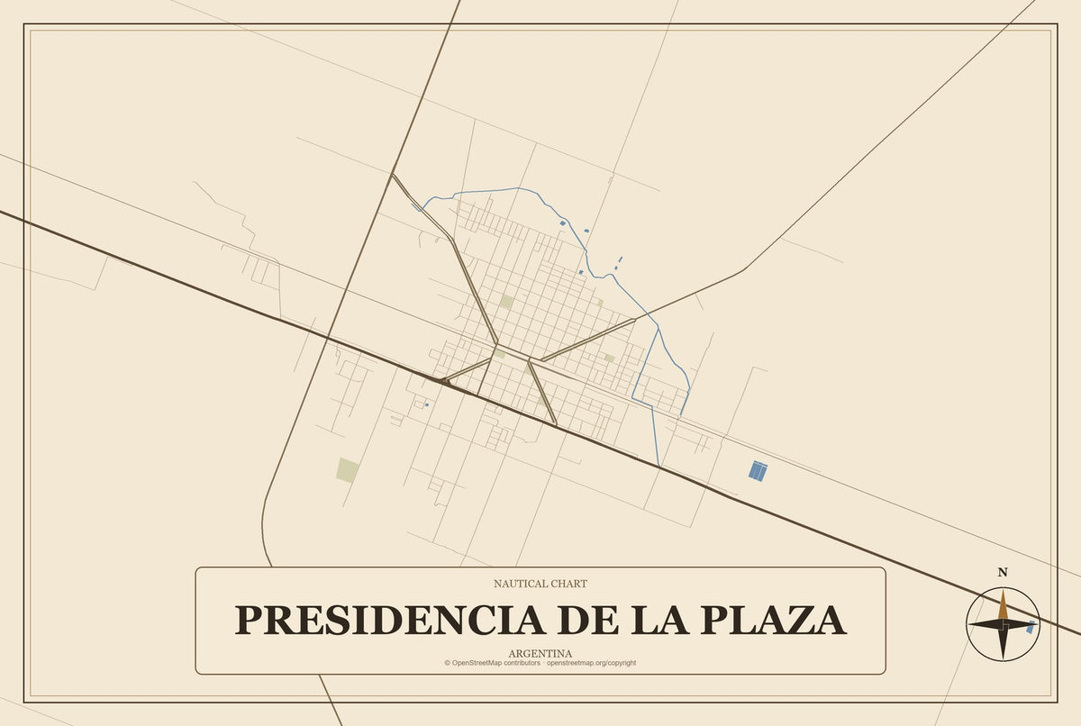 Presidencia de la Plaza, Argentina City Map Aluminum Sign in Heritage Nautical style
