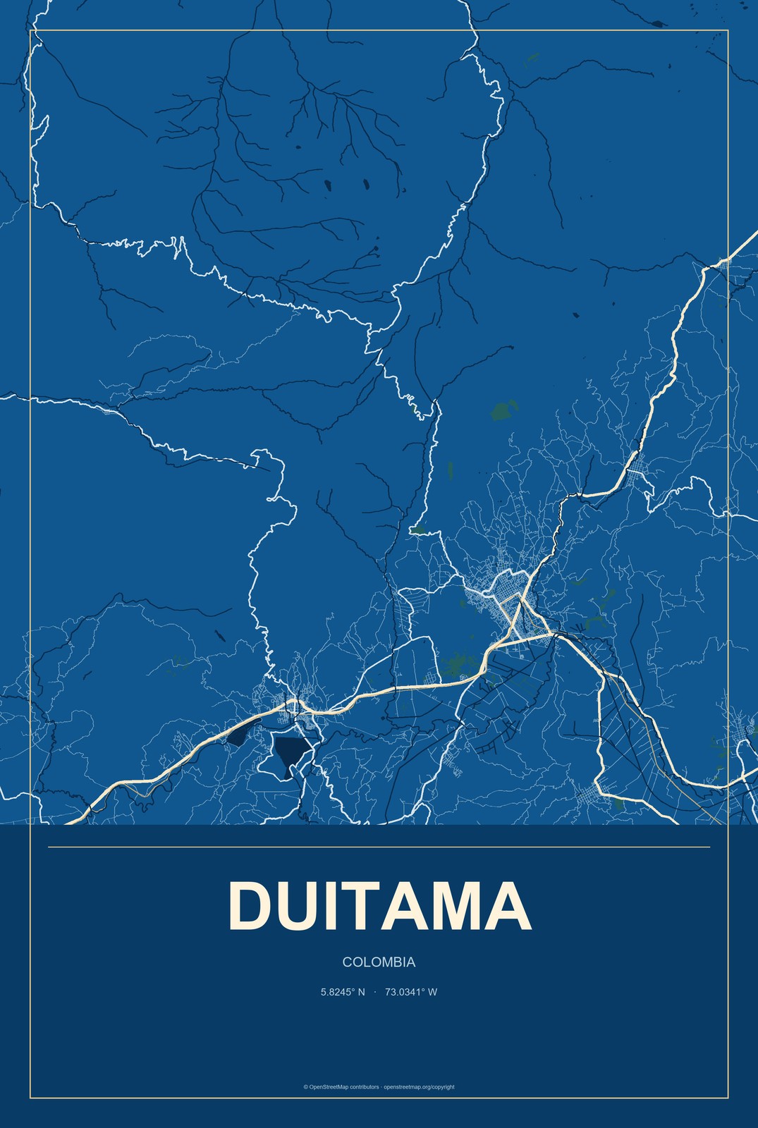 Duitama, Colombia City Map Aluminum Sign in Harbor Cobalt style