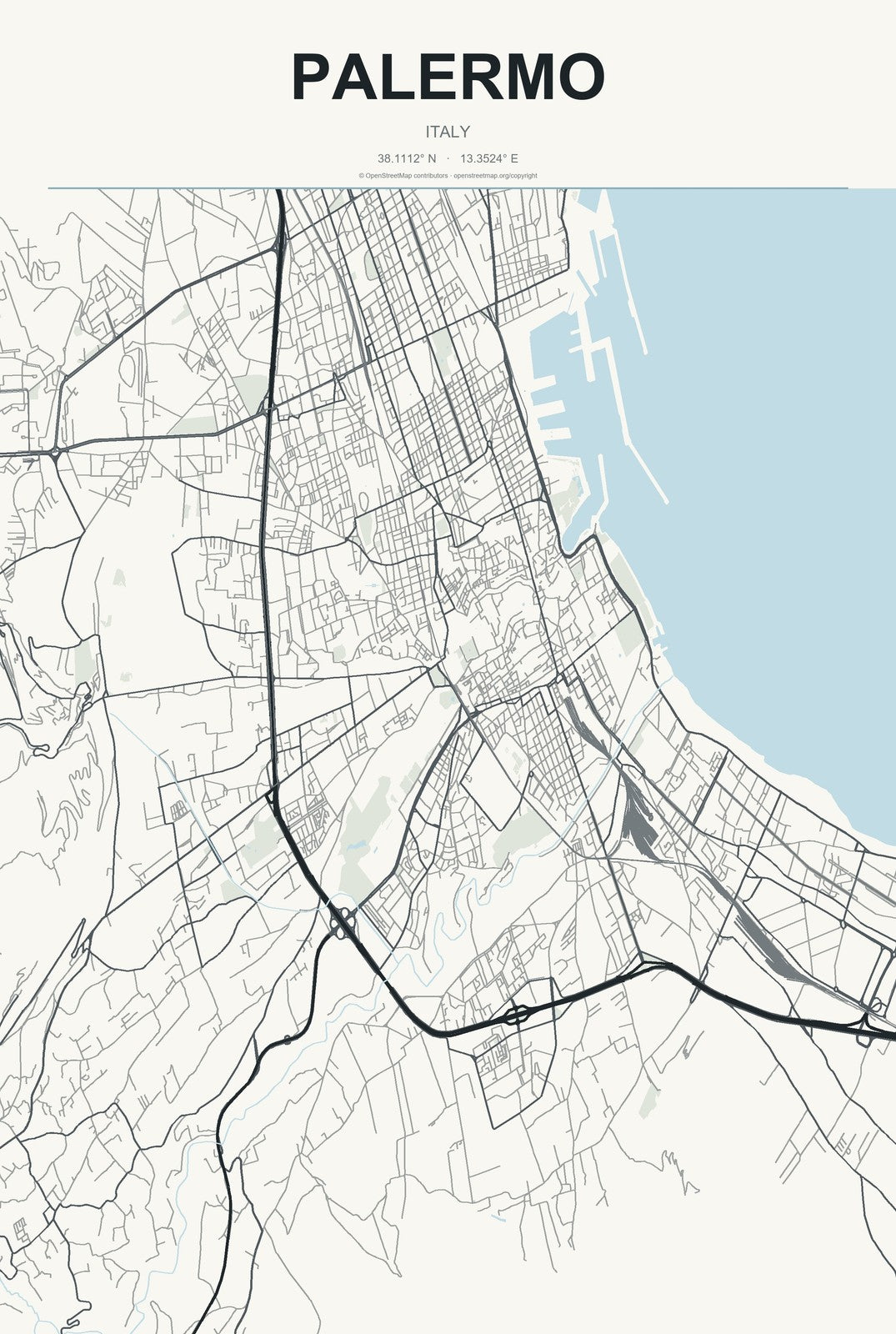 Palermo, Italy City Map Aluminum Sign in Headline Atlas style