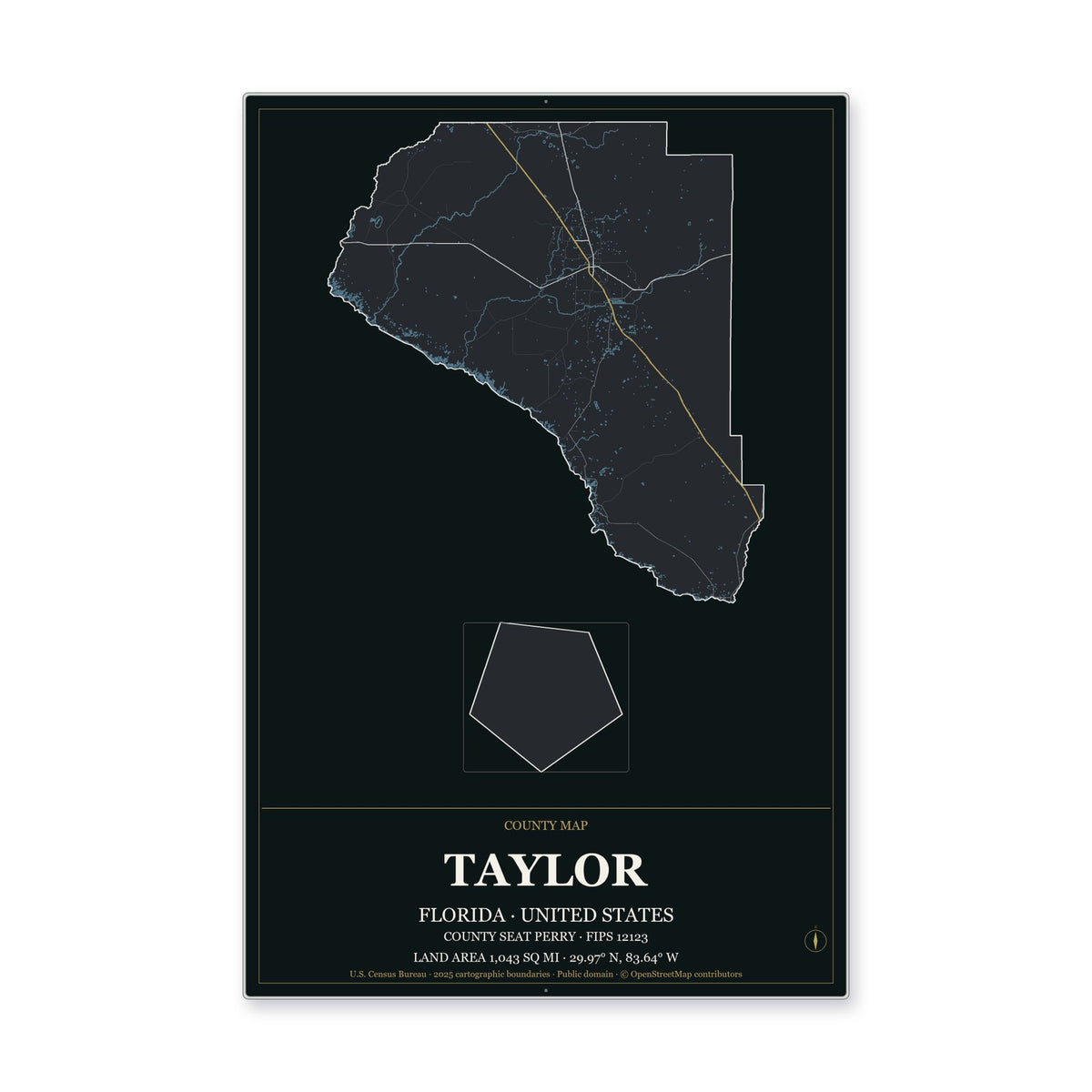 Taylor County, Florida Map Aluminum Sign in Metropolitan Noir style