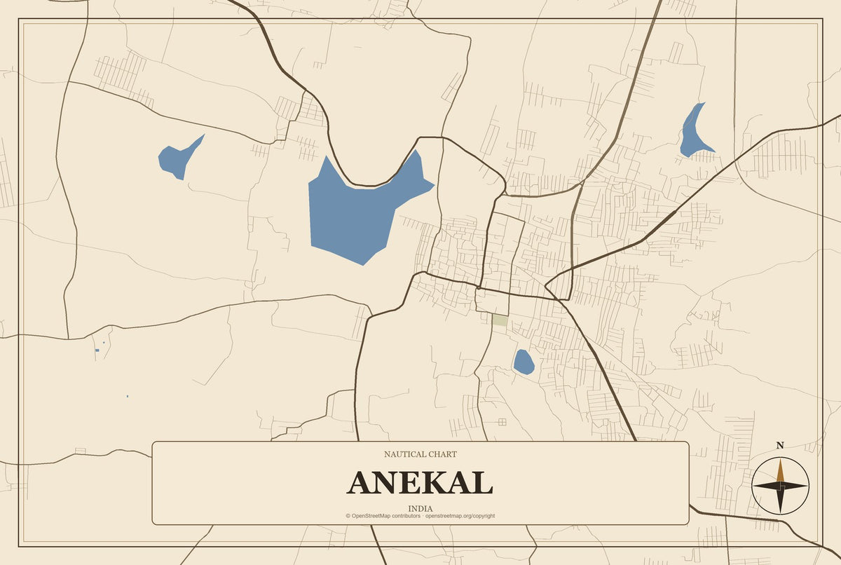 Anekal, India City Map Aluminum Sign in Heritage Nautical style